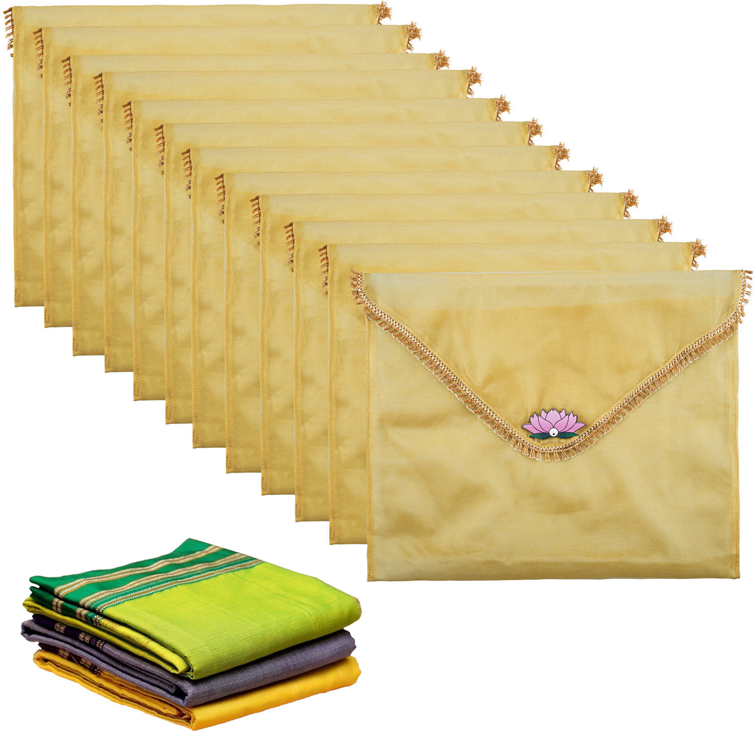 Image of KUBER INDUSTRIES Garment Covers 12 Pcs Organza Saree Covers for Gifting with Flap Closure | Golden Lace - Gold 112KM43589