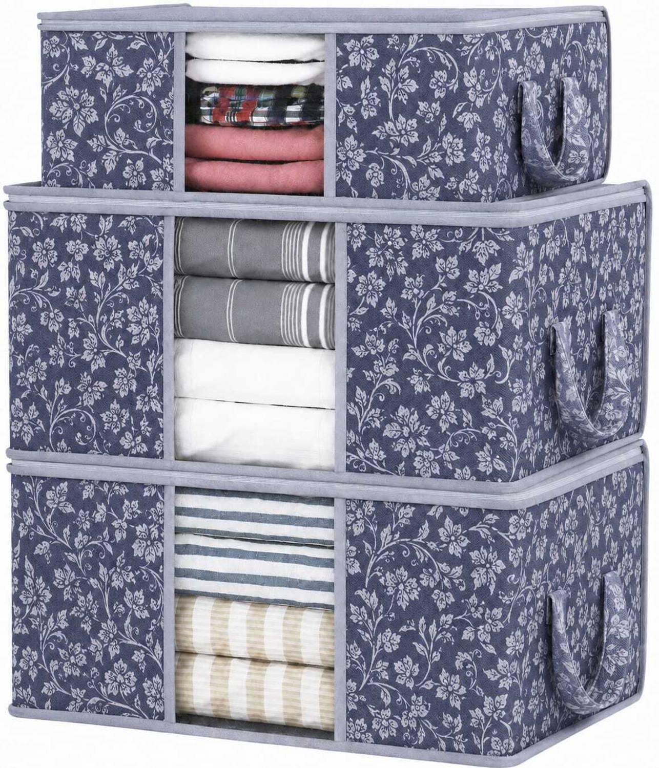 crafty craft Pack of 3 Floral Print Blanket Storage Bags with Transparent Window Large Capacity Zip Storage Organizer for Quilts, Comforters, Sarees & Clothes | Foldable Wardrobe Storage Box with Handles