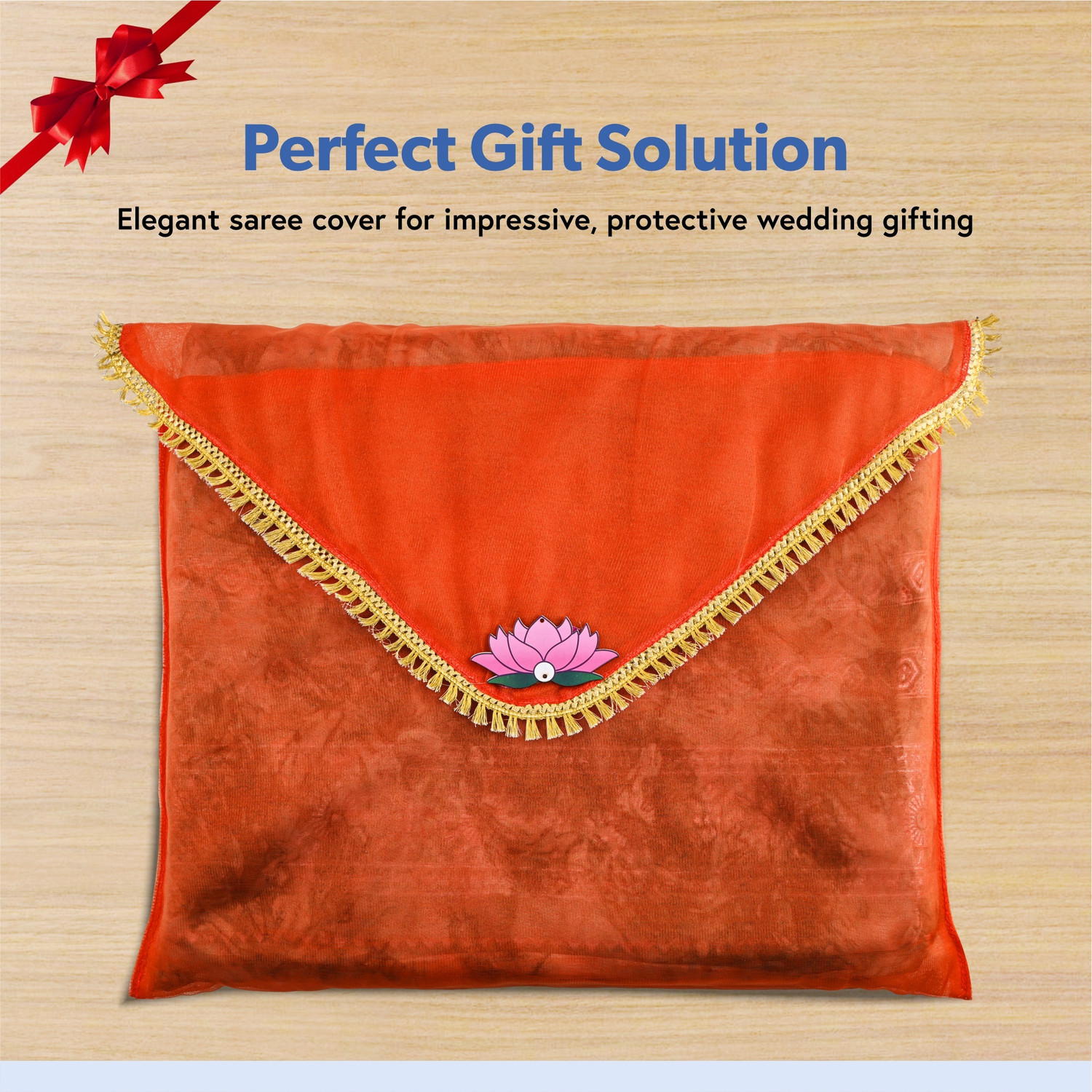 Image of KUBER INDUSTRIES Garment Covers 12 Pcs Organza Saree Covers for Gifting with Flap Closure | Golden Lace - Orange 112KM43565