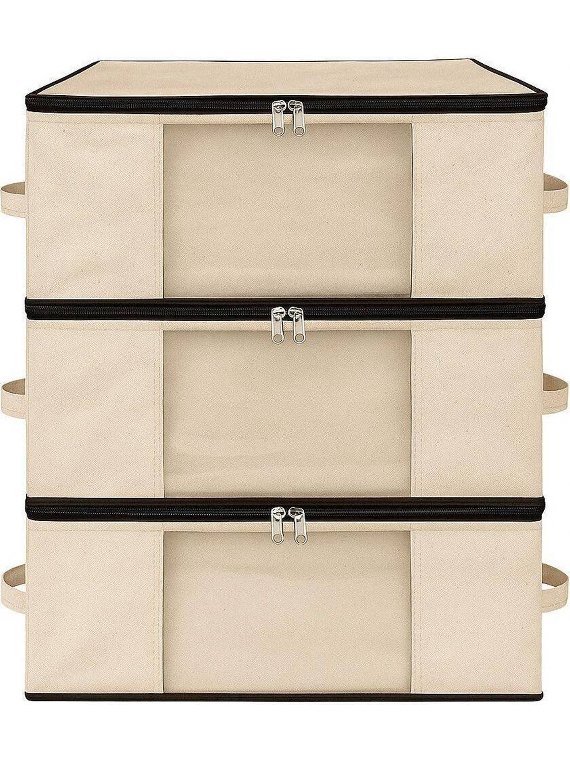 Kottify Storage Bag 3 Pack Cotton Canvas Clothes Storage Bags/Saree Covers with Zip for Storage Woman Dresses, Sarees for Wardrobe Organizer (42.2cm x 36cm x 20cm),Grey