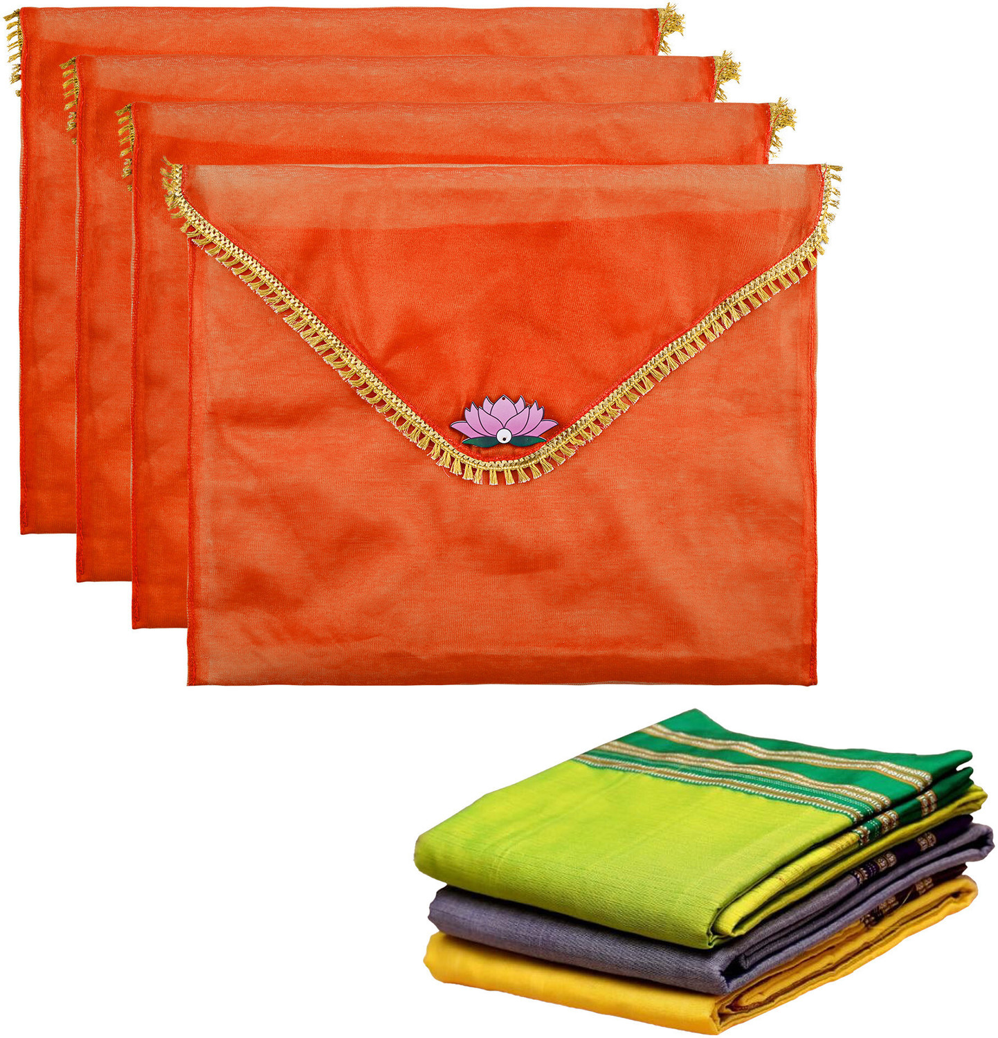 Image of KUBER INDUSTRIES Garment Covers 4 Pcs Organza Saree Covers for Gifting with Flap Closure | Golden Lace - Orange 112KM43561