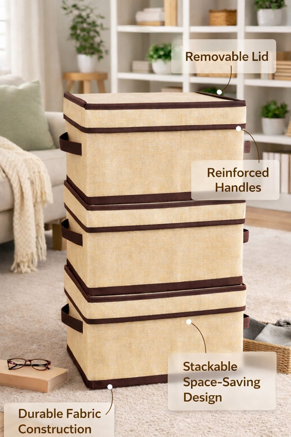 Image of crafty craft Multipurpose Foldable Fabric Storage Box with Lid & Handles for Clothes, Laundry, Towels Wardrobe and Home Storage Organizer Set of 4