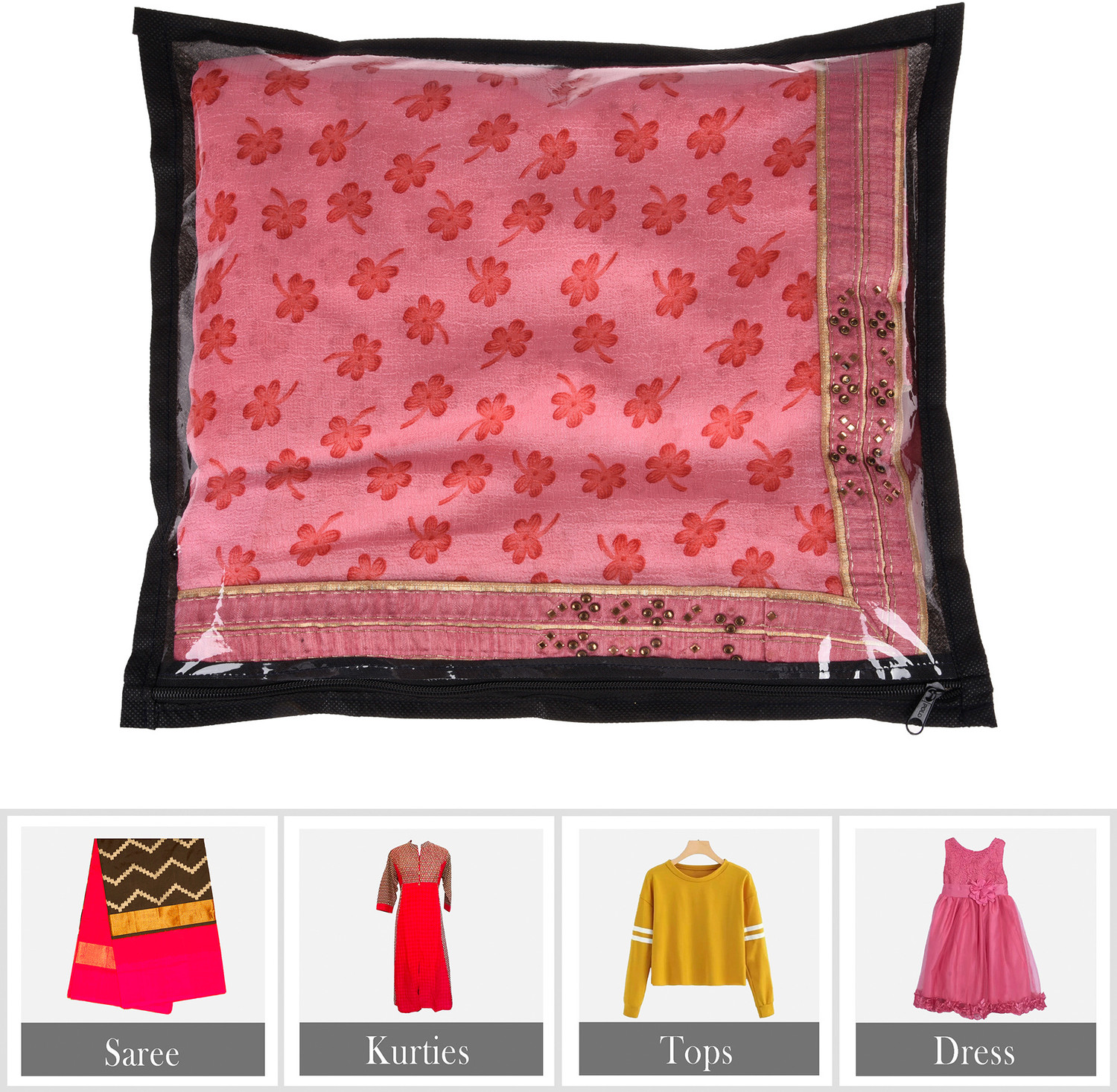 Image of HOMESTIC by Kuber Industries Saree Cover Plain Saree Cover With Zip Closure|Single Packing Bag|Pack of 6|Black 73HT12095