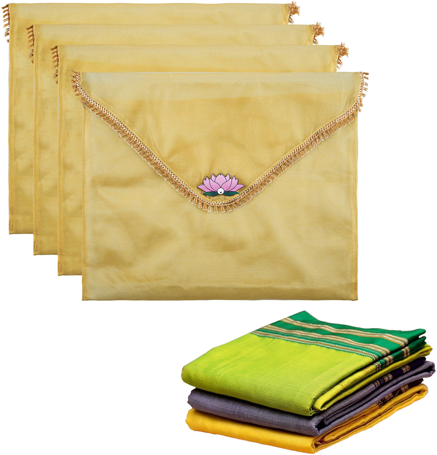 Image of KUBER INDUSTRIES Garment Covers 4 Pcs Organza Saree Covers for Gifting with Flap Closure | Golden Lace - Gold 112KM43585