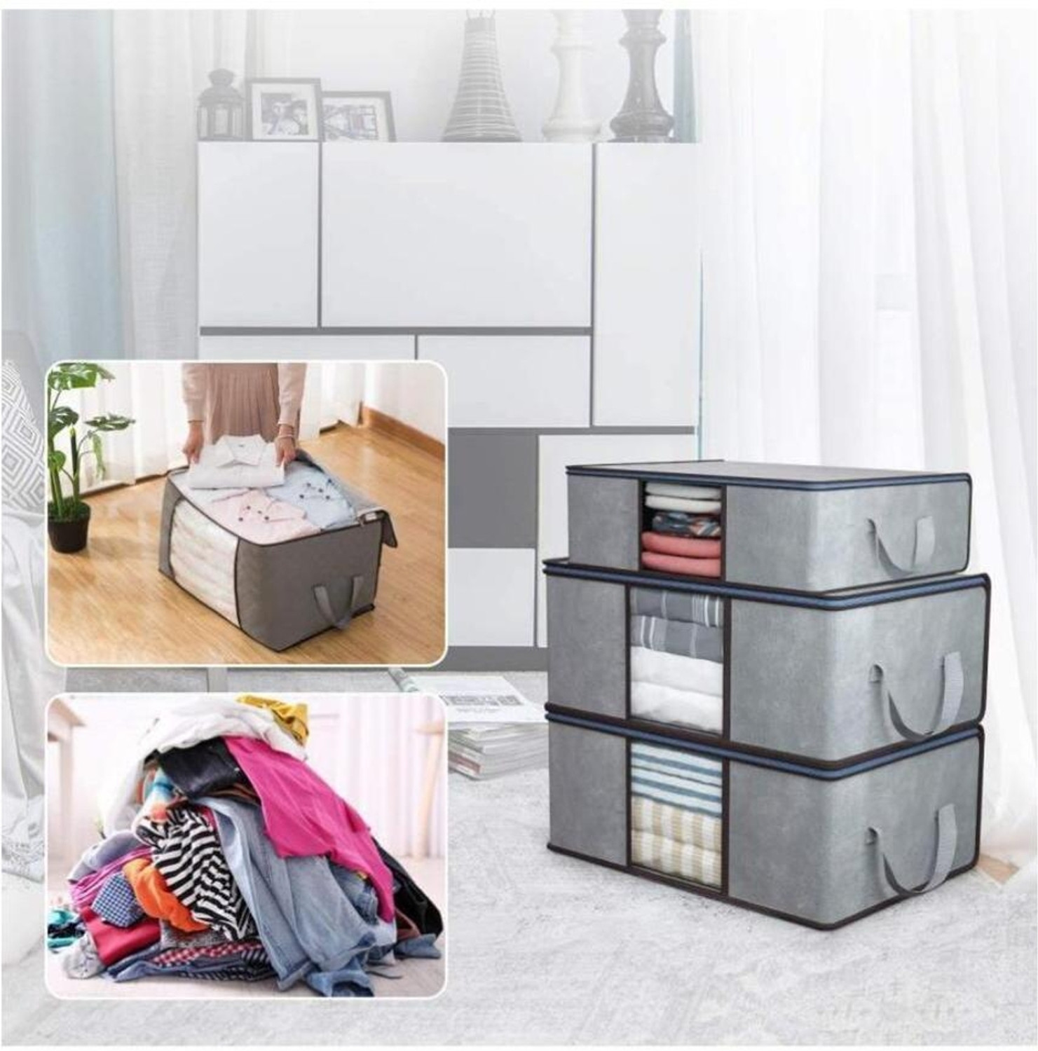 Image of uhi Combo of 3 Underbed Storage Bag With Side Handles Organizer Blanket Cover with a large Transparent Window Storage Organizer / Blanket Storage Bag for Wardrobe