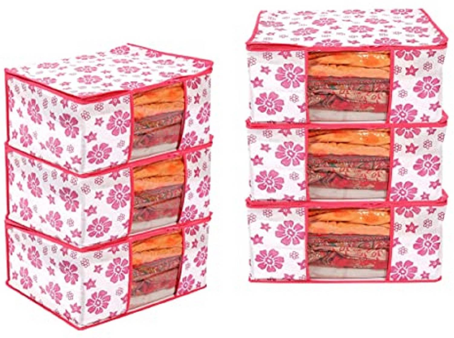BTOS Bag Set of 6 Non-Woven Printed Saree Cover/Cloth Storage with Transparent Window Pink 01