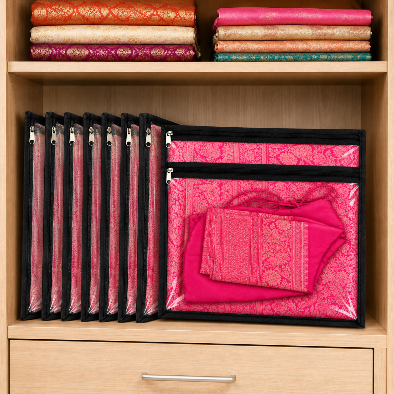 Image of Lonaxa Saree cover storage bags Packing bags Wardrobe organizer Saree organizer Saree covers With Blouse Pocket Saree bag cover Dress organizer Storage bags Clothes organizer Combo Pack of 6 Transparent Storage organiser Saree pouch