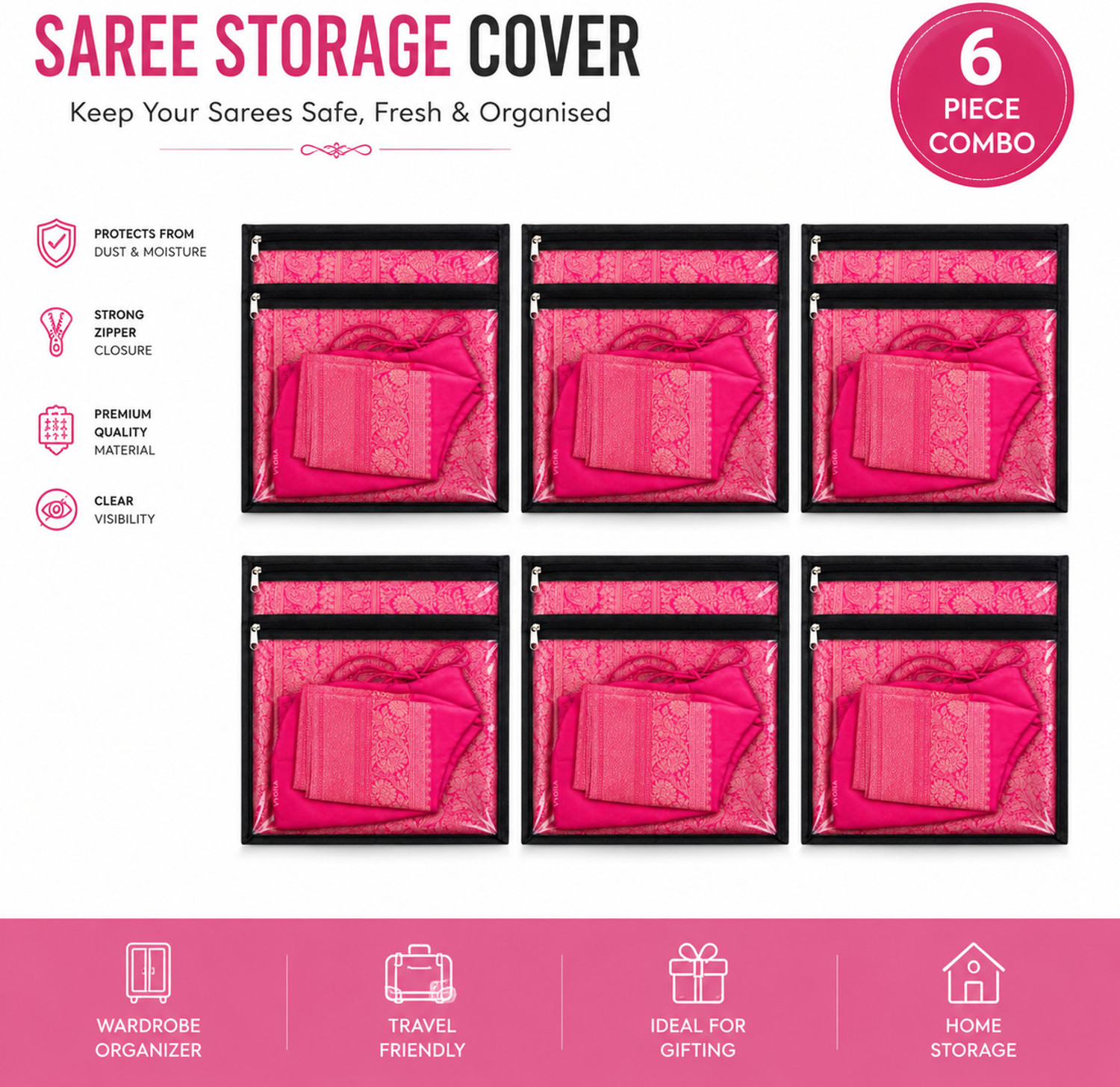 Image of Lonaxa Saree cover storage bags Packing bags Wardrobe organizer Saree organizer Saree covers With Blouse Pocket Saree bag cover Dress organizer Storage bags Clothes organizer Combo Pack of 6 Transparent Storage organiser Saree pouch