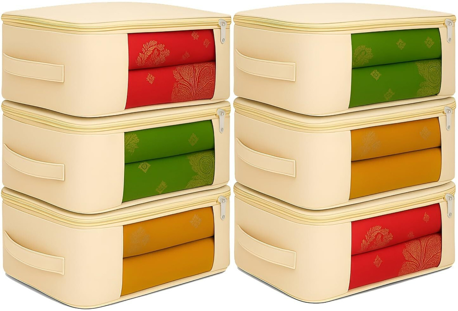Image of DALUCI 100% Cotton Saree Covers for Storage Clothes Storage Bags with Zip Closure & Transparent Window Washable Foldable Wardrobe Organizer for Sarees, Lehengas & Dresses (Pack of 6) (Beige)