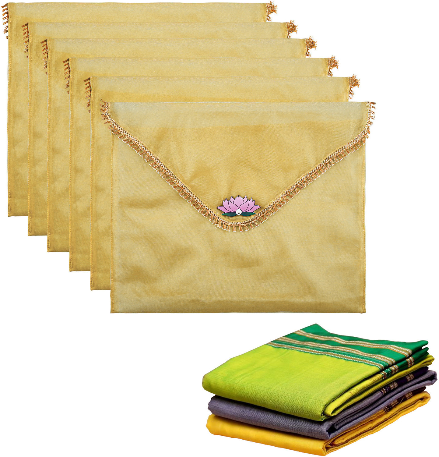 Image of KUBER INDUSTRIES Garment Covers 6 Pcs Organza Saree Covers for Gifting with Flap Closure | Golden Lace - Gold 112KM43586