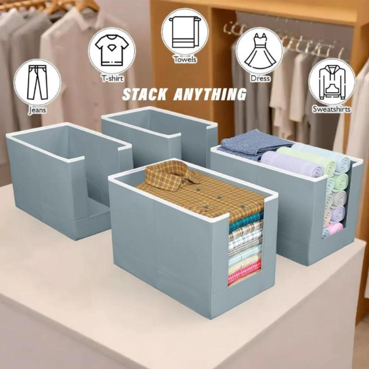 Image of IMCREATIONS 6 Pieces Non Woven Large Capacity Shirt Stacker Cloth Foldable & Stackable Cupboard Wardrobe /Closet Organizer with Handle For T-shirts, Shirts & Clothes (PACK2)