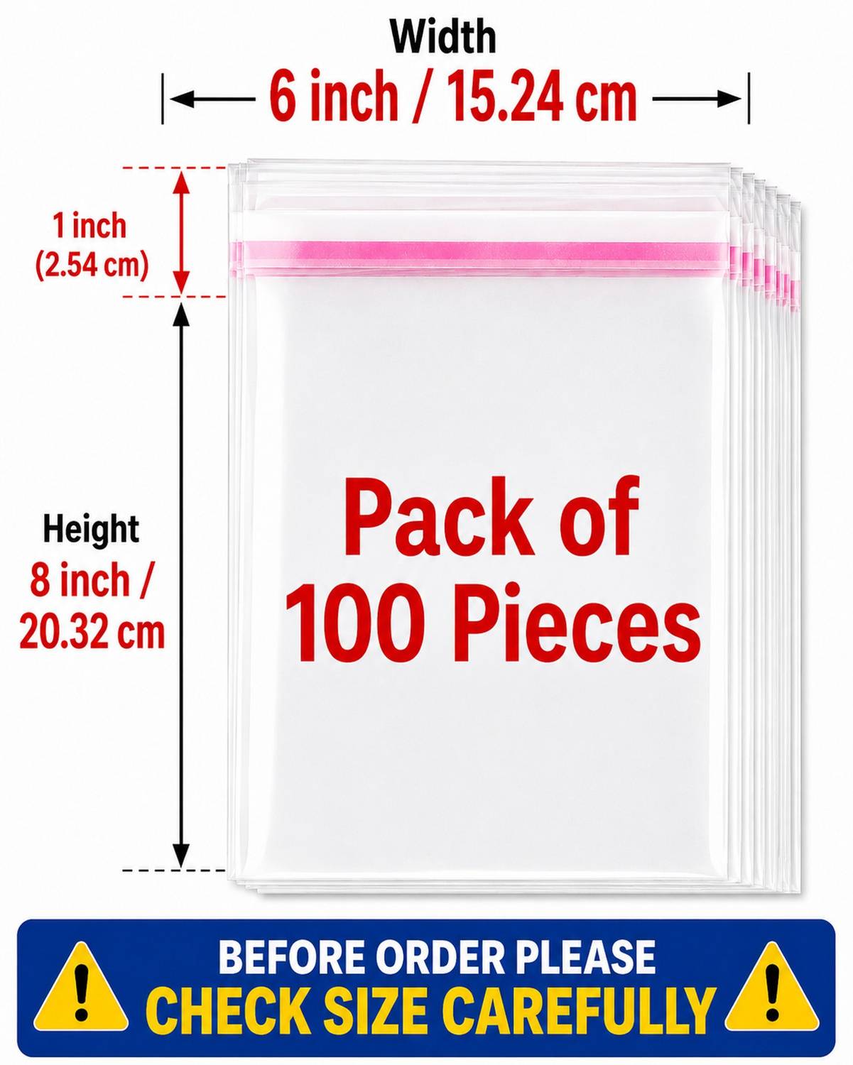 NSPAR Self Adhesive liner tape Pouches (Pack of 100 Pcs) Saree Packing T-Shirt Clothes Large Size Polybag Cover/pouch Shirt Pant Storage Size 6X8 inch Transparent Plastic Polythene BOPP Bags