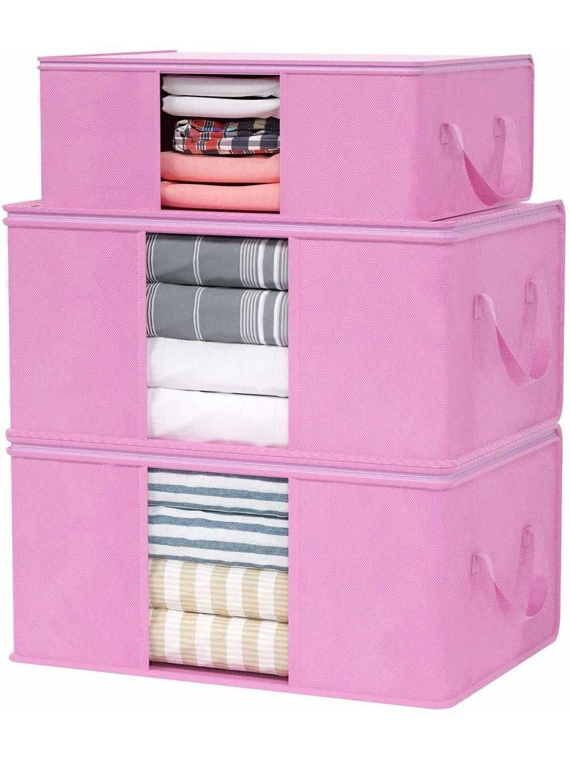 wini krafts Blanket organizer for under storage with side handles Wardrobe Clothes covers , Cloth s Closet Organizer and Foldable Clothing Bag for Clothes, Comforter, Underbed Storage (Pink) 3