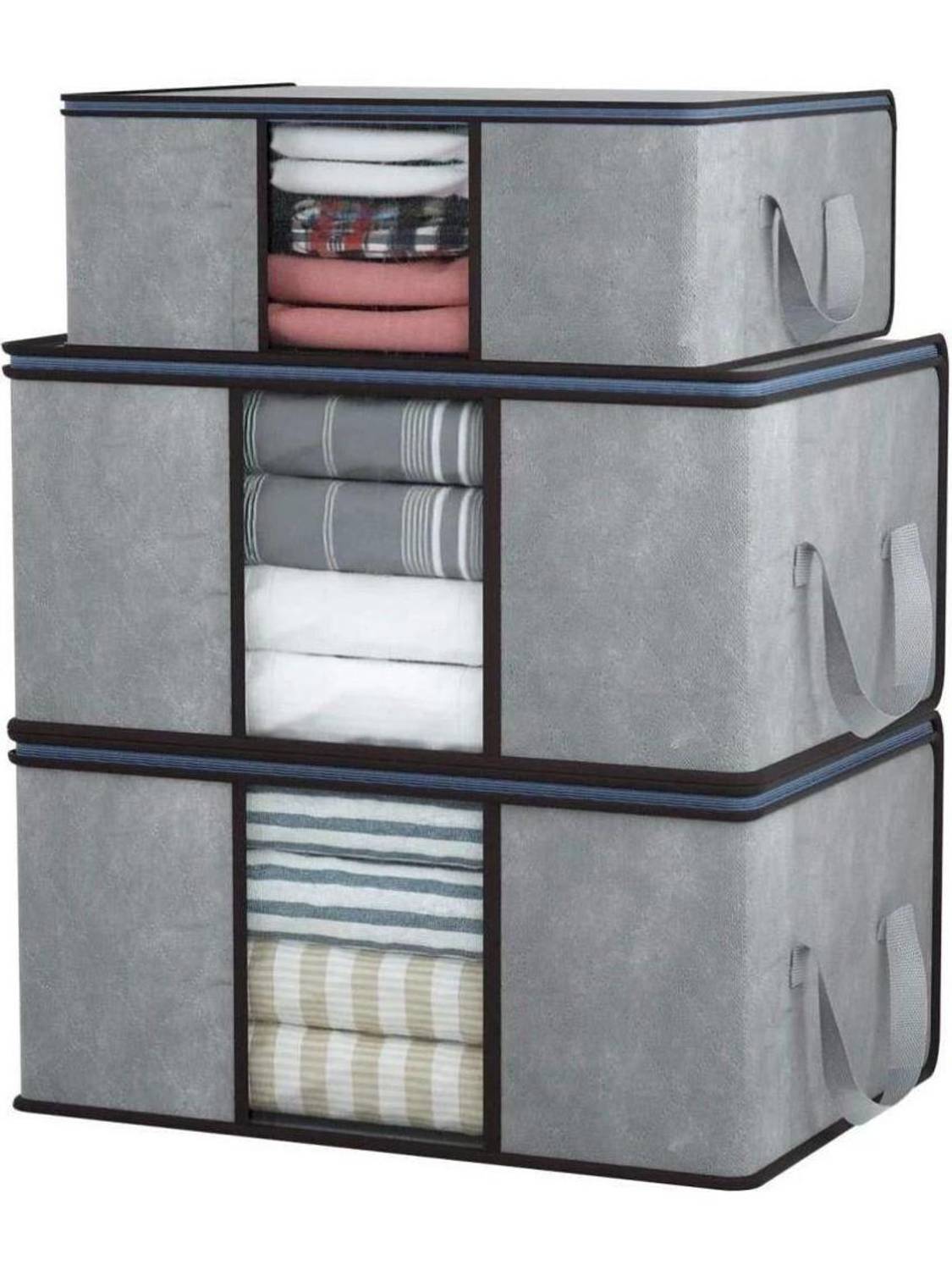 Arihant Collection 3 Pcs Non-Woven Multipurpose Underbed Storage Bag With Side Handles Blanket Cover with a large Transparent Window Storage Organizer Blanket Storage Bag for Wardrobe
