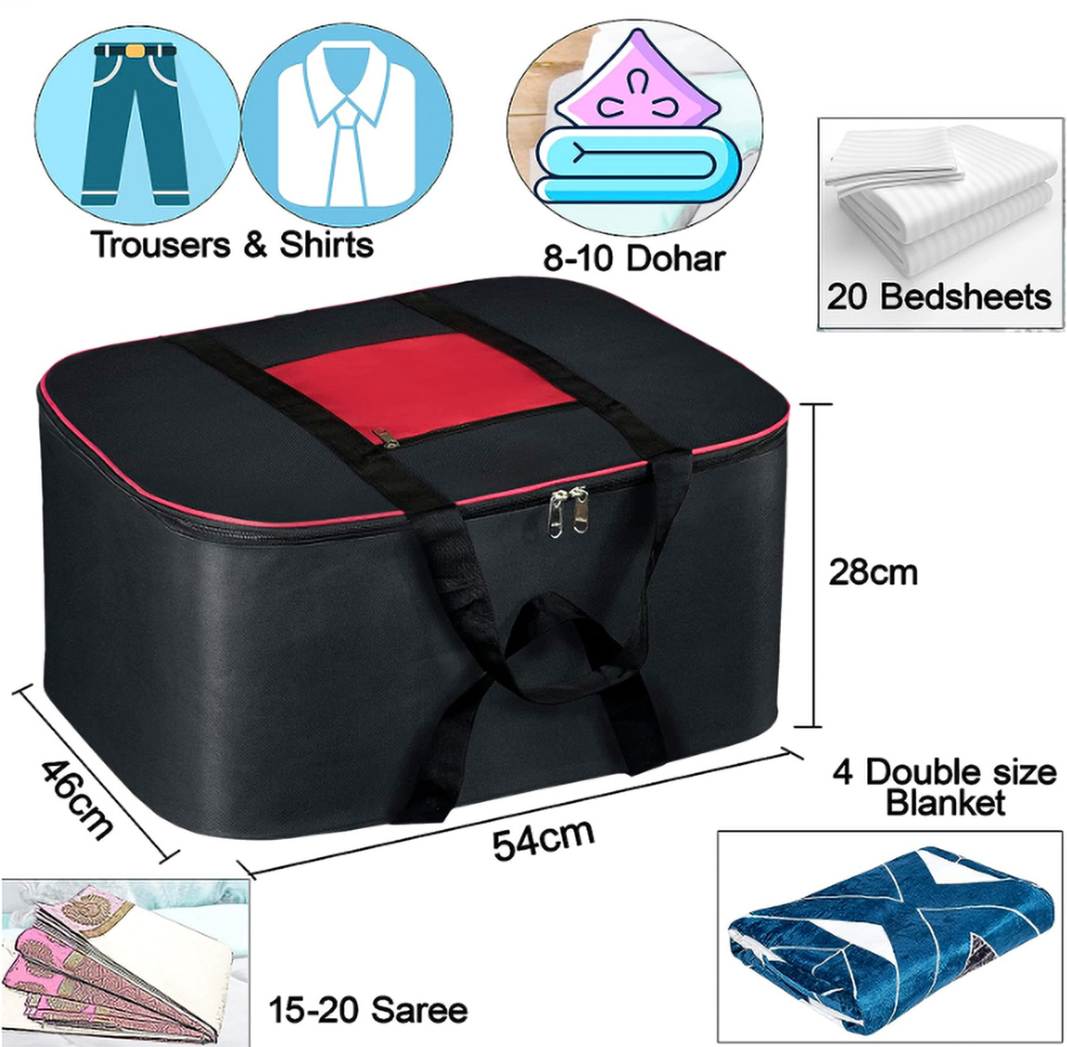 Image of THAILIWALE Large Multipurpose Storage Bag for Clothes, Toys, Bedsheets, Winter Wear & Sarees | Non-Woven Material, Strong Handle, 2-Way Zipper | 54x46x28 cm (Set of 1)