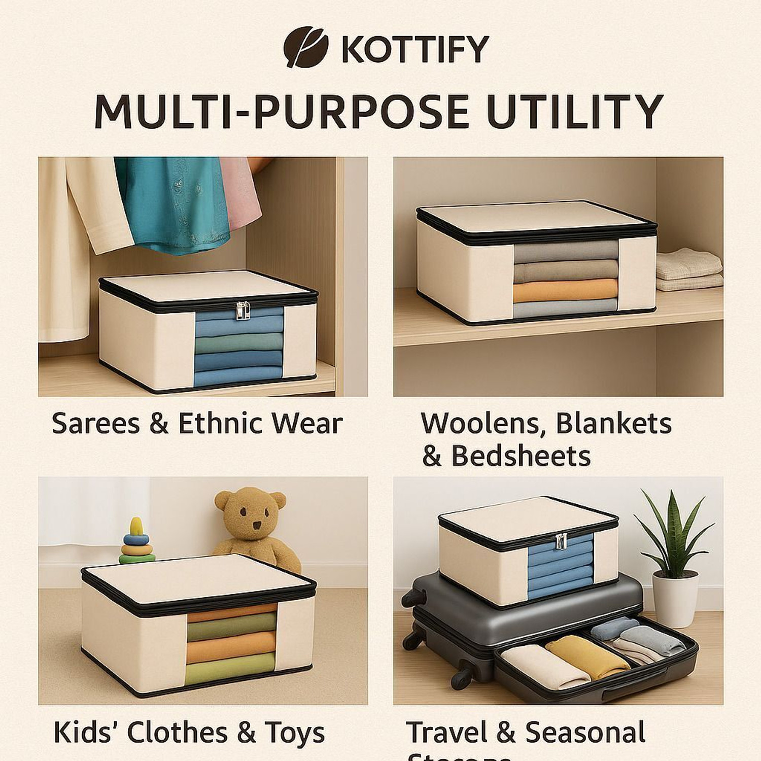 Image of Kottify Storage Bag 3 Pack Cotton Canvas Clothes Storage Bags /Saree Covers with Zip for Storage Woman Dresses, Sarees for Wardrobe Organizer (42.2cm x 36cm x 20cm),Grey