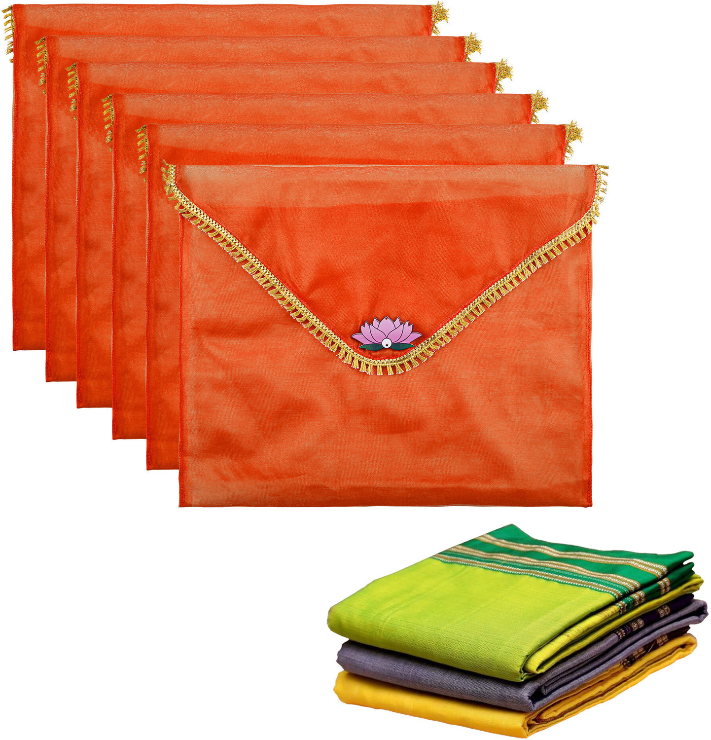 Image of KUBER INDUSTRIES Garment Covers 6 Pcs Organza Saree Covers for Gifting with Flap Closure | Golden Lace - Orange 112KM43562
