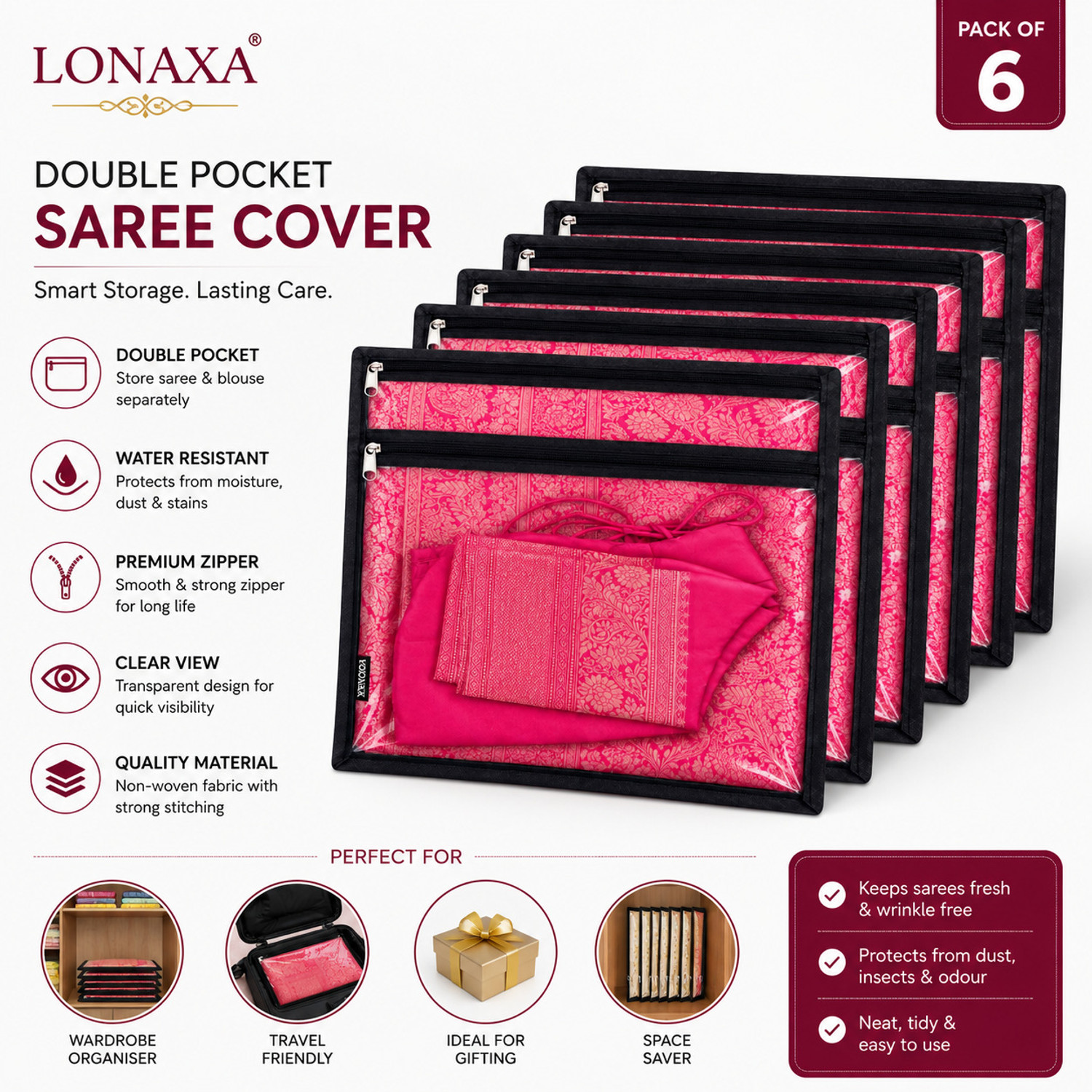 Image of Lonaxa Saree cover storage bags Packing bags Wardrobe organizer Saree organizer Saree covers With Blouse Pocket Saree bag cover Dress organizer Storage bags Clothes organizer Combo Pack of 6 Transparent Storage organiser Saree pouch