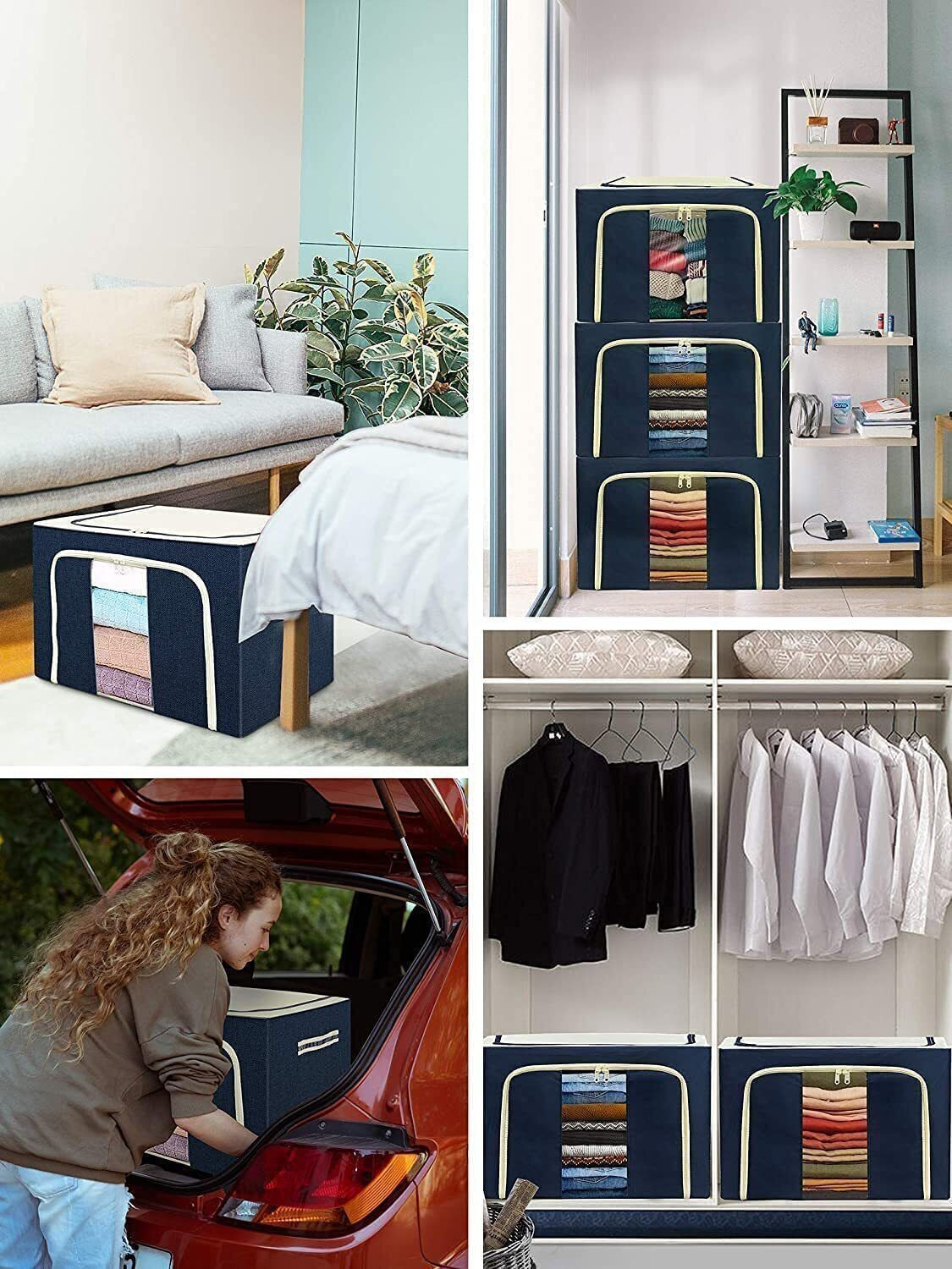 Image of NESTIFY Storage Box For Clothes Wardrobe Clothes Organizer 66 Liter Foldable Steel Frame Clothes Organizer Cloth Storage Box Organizer Box With Zipper,Clear Window and Handle Saree Cover Bag Clothes Storage Organizer (Blue)