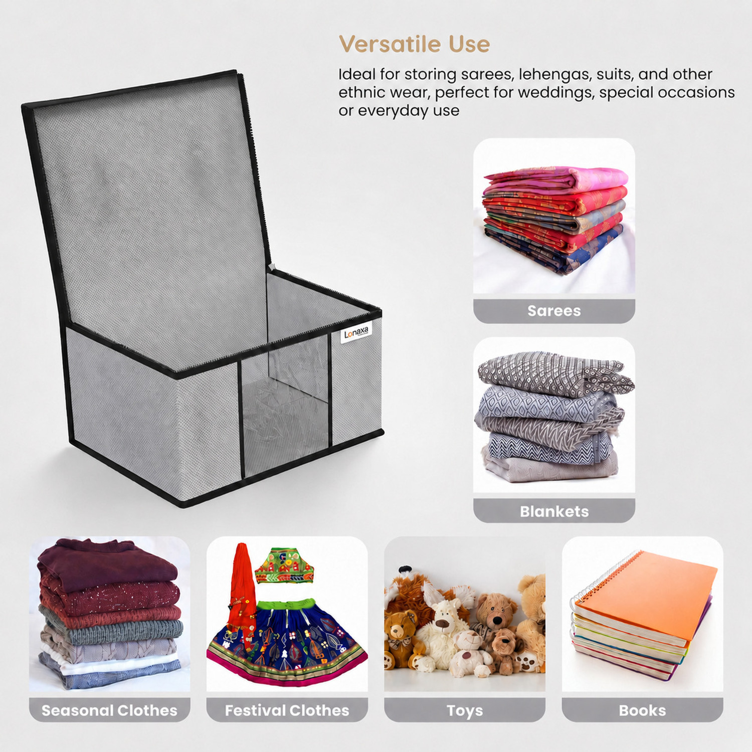 Image of Lonaxa Cloth storage box Pack of 6 Storage organizer Saree cover Storage bag Cloth bag Organizer box Saree Cloth organiser for wardrobe Packing bags Travel organizer Space saver bag