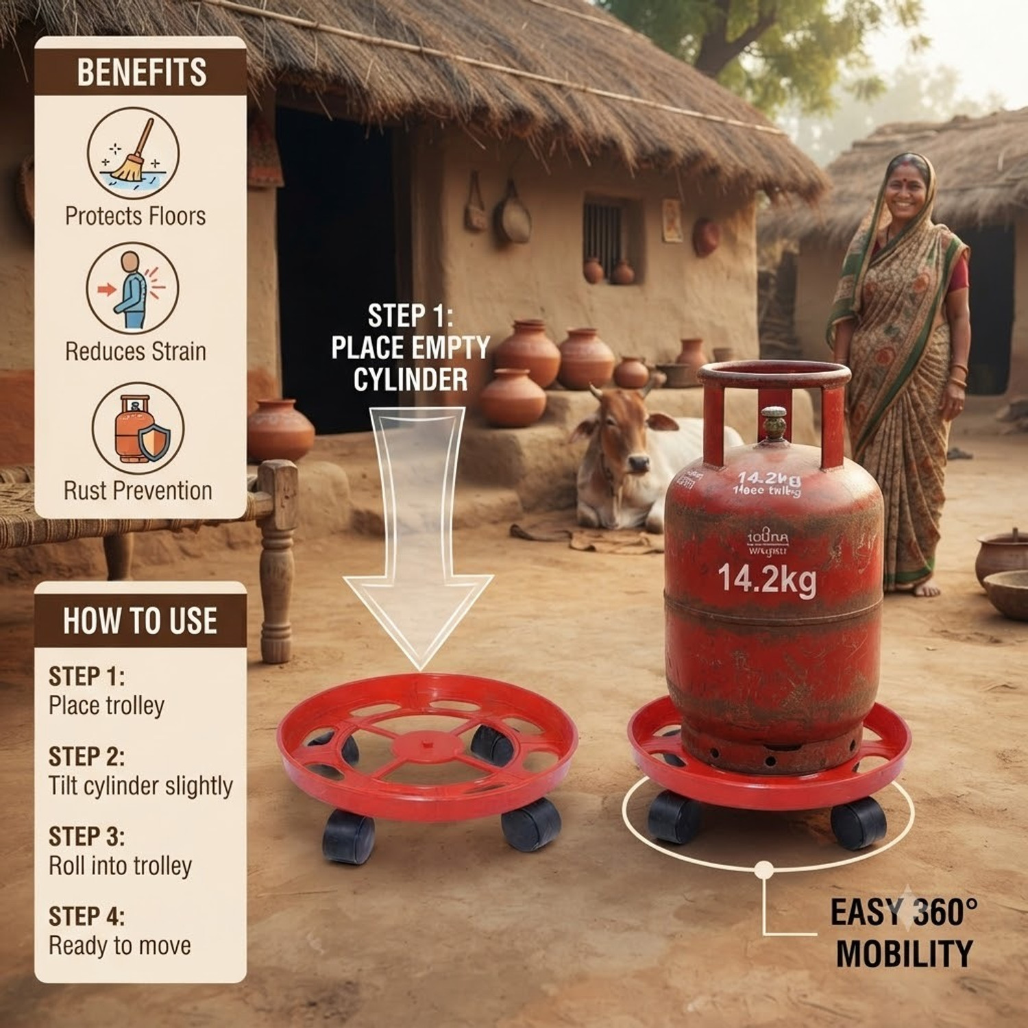 Image of Sarvatr Lpg Cylinder Trolley With Wheels (2PC'S) Strong Plastic Lpg Cylinder Stand Gas Cylinder Trolley