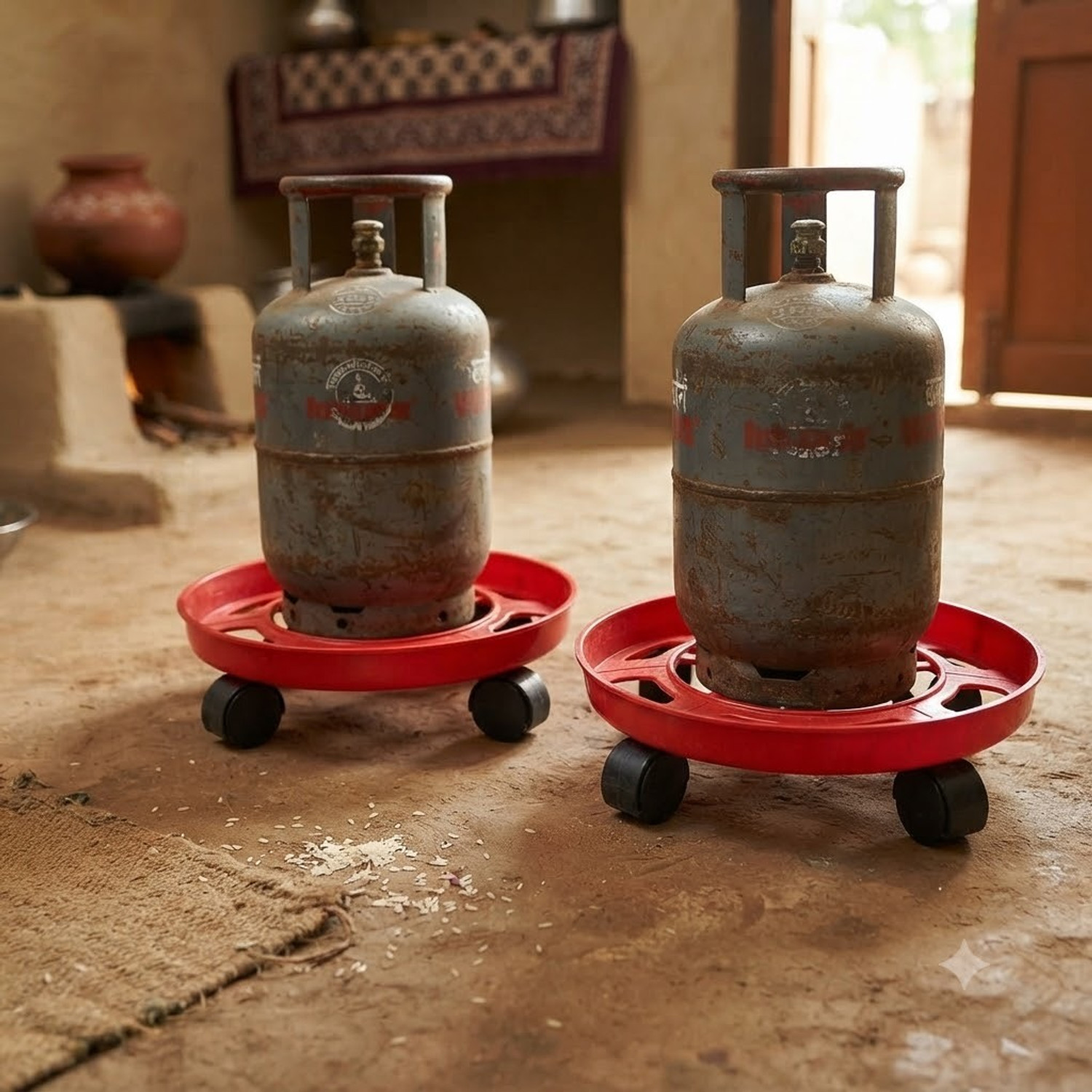 Image of Sarvatr Lpg Cylinder Trolley With Wheels (2PC'S) Strong Plastic Lpg Cylinder Stand Gas Cylinder Trolley