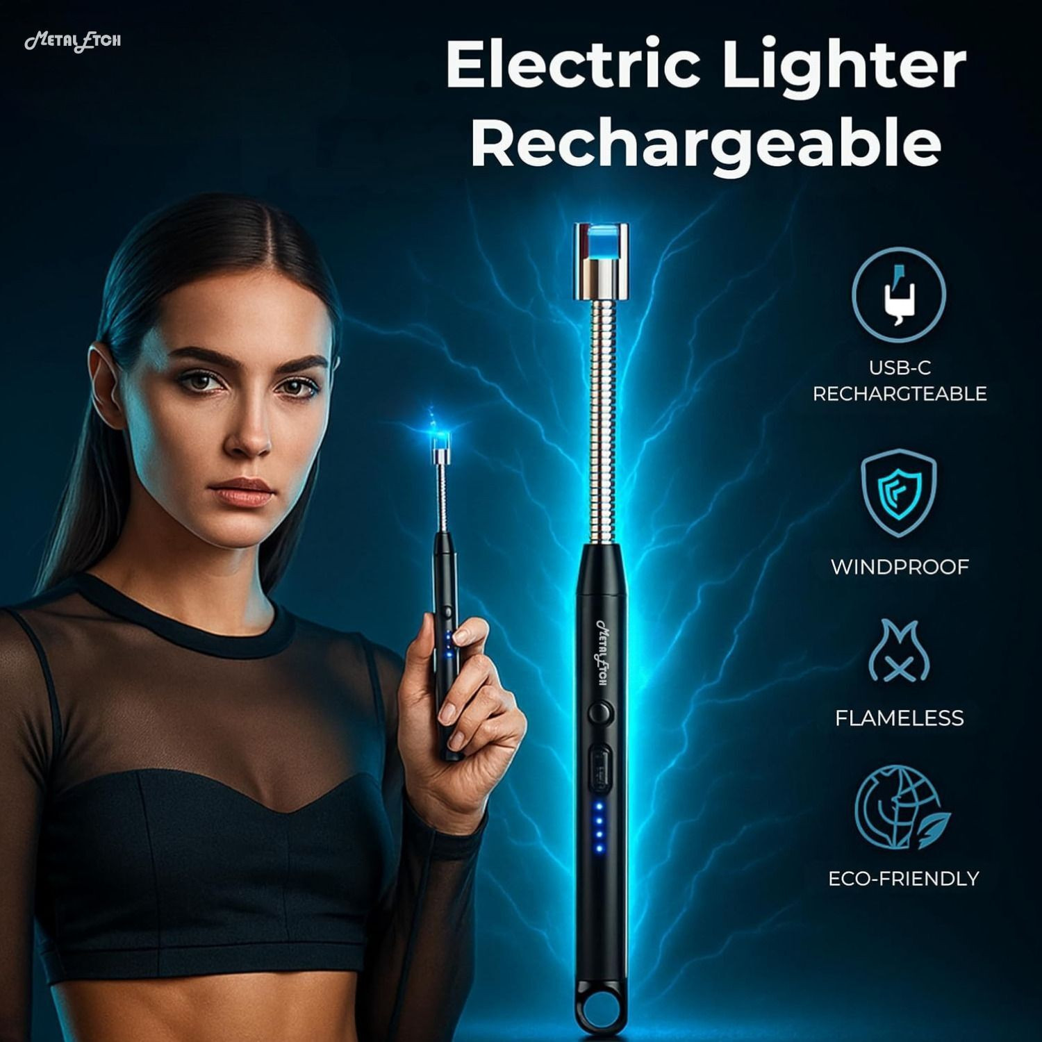 Image of Metal Etch Electric Rechargeable Plasma Gas Lighter for Kitchen - USB Type-C Charging Steel, Plastic Electronic Gas Lighter