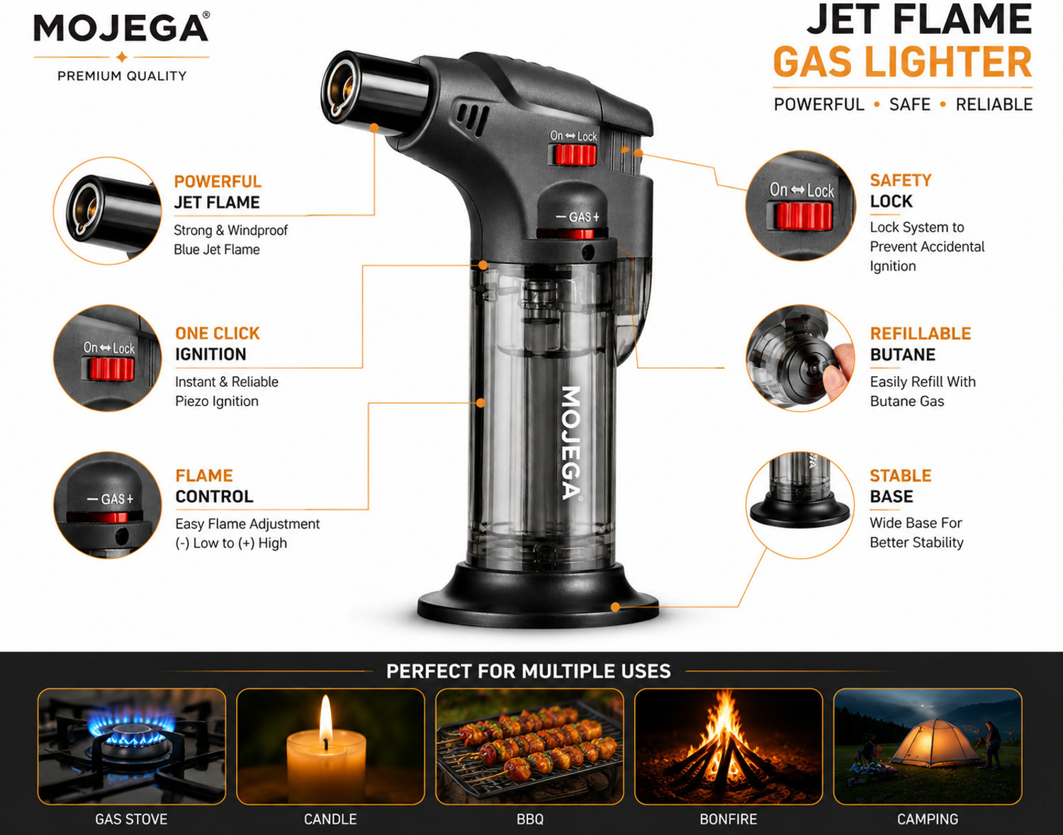 Image of MOJEGA mojega Jet Flame Gas Lighter for Kitchen Windproof Refillable Brass, Plastic Gas Lighter