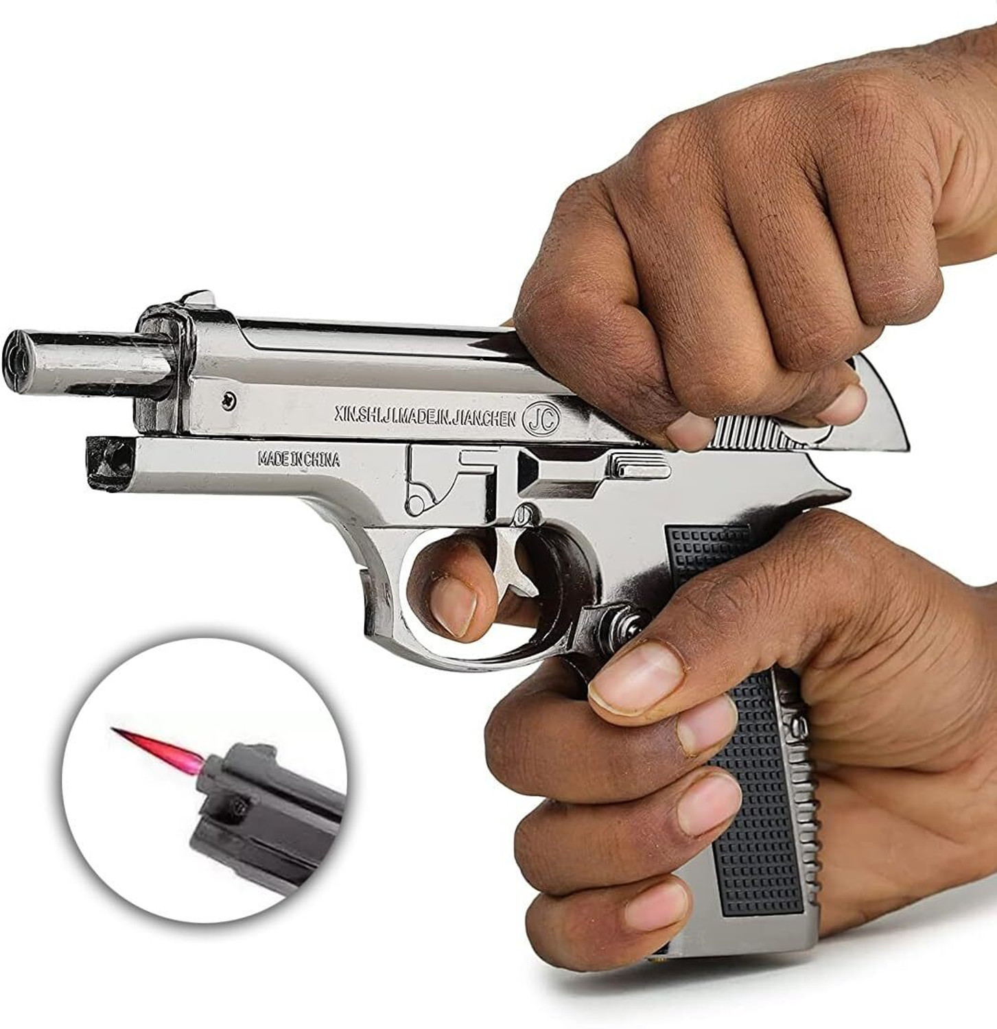 Image of BIKRIFY 608 Heavy Metal Pistol Shape Barrel Pull Back System & Leather Holster Gun lighter| Jet Flame | Stainless Steel Body Pocket Lighter