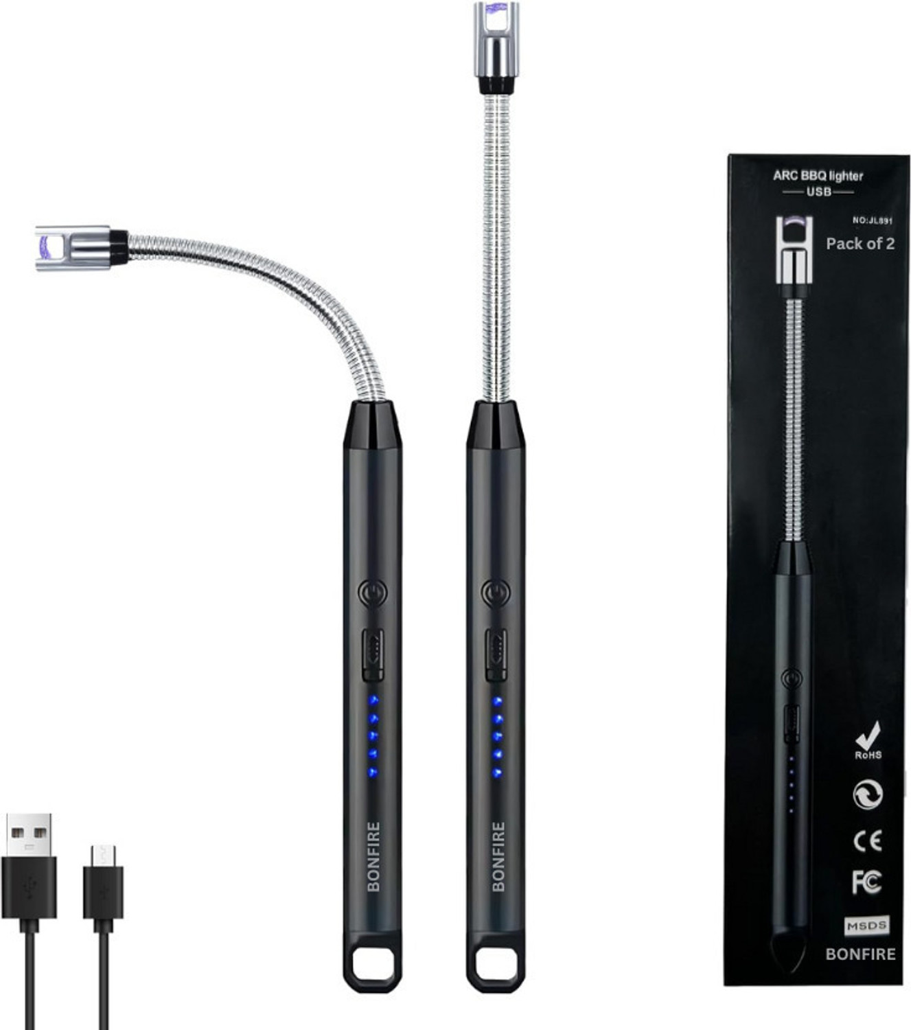 Image of Bonfire 360 Flexible Neck Rechargeable Electric USB Arc Lighter for Cooking, Candles Aluminium, Plastic Electronic Gas Lighter
