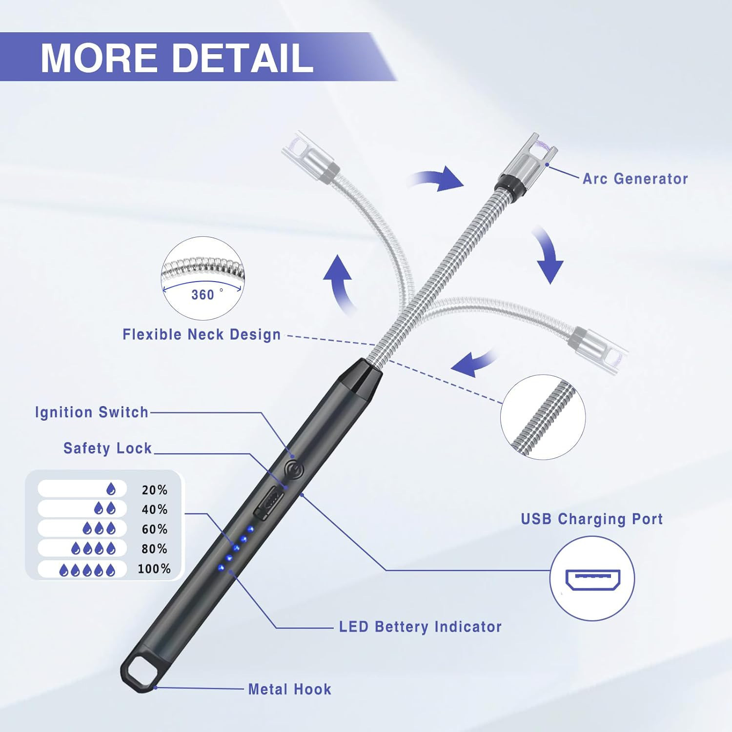 Image of Bonfire 360 Flexible Neck Rechargeable Electric USB Arc Lighter for Cooking, Candles Aluminium, Plastic Electronic Gas Lighter