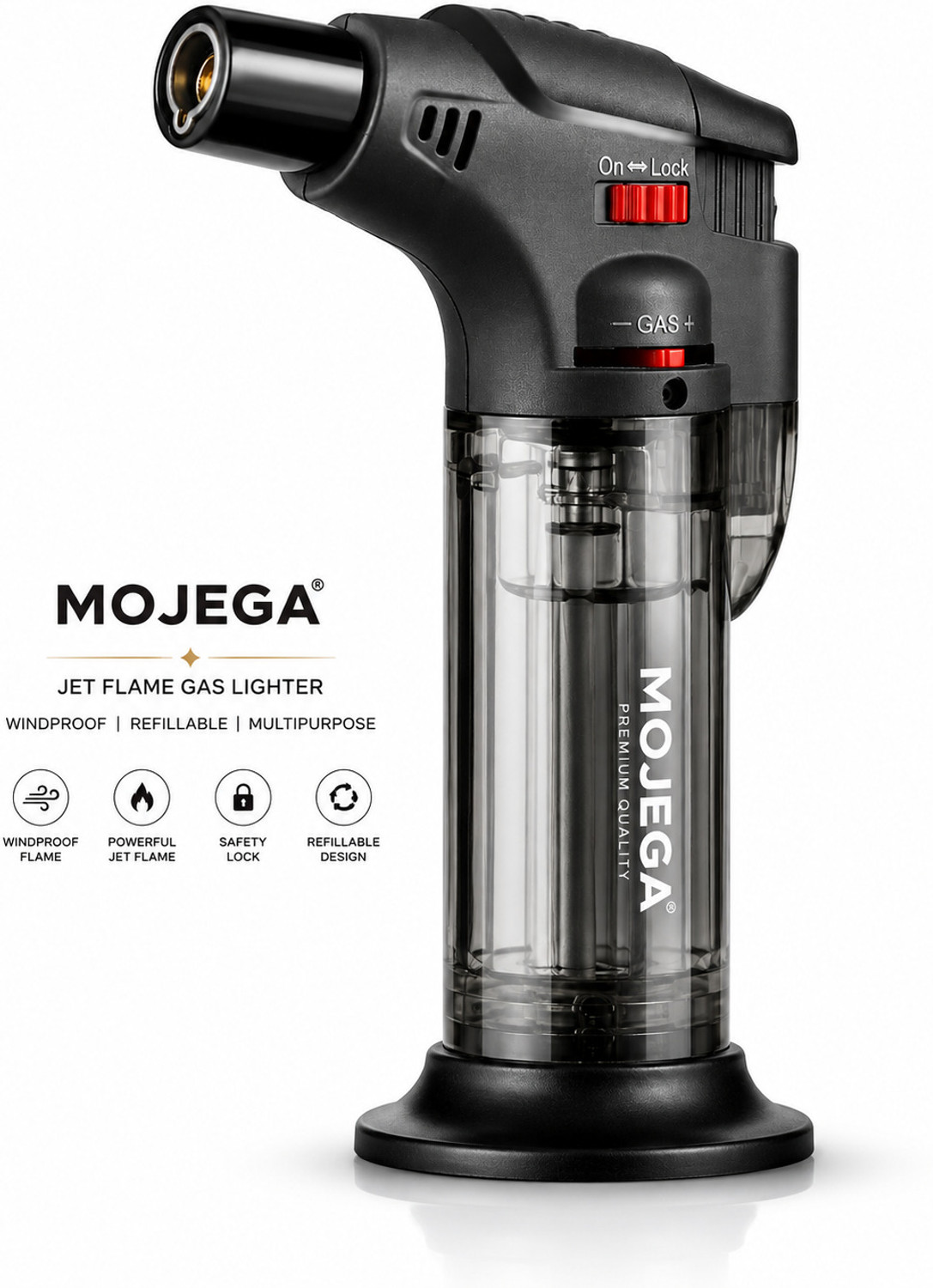 Image of MOJEGA mojega Jet Flame Gas Lighter for Kitchen Windproof Refillable Brass, Plastic Gas Lighter