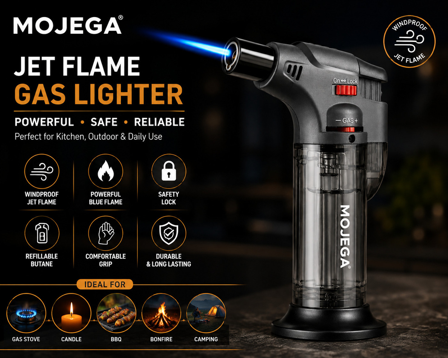 Image of MOJEGA mojega Jet Flame Gas Lighter for Kitchen Windproof Refillable Brass, Plastic Gas Lighter