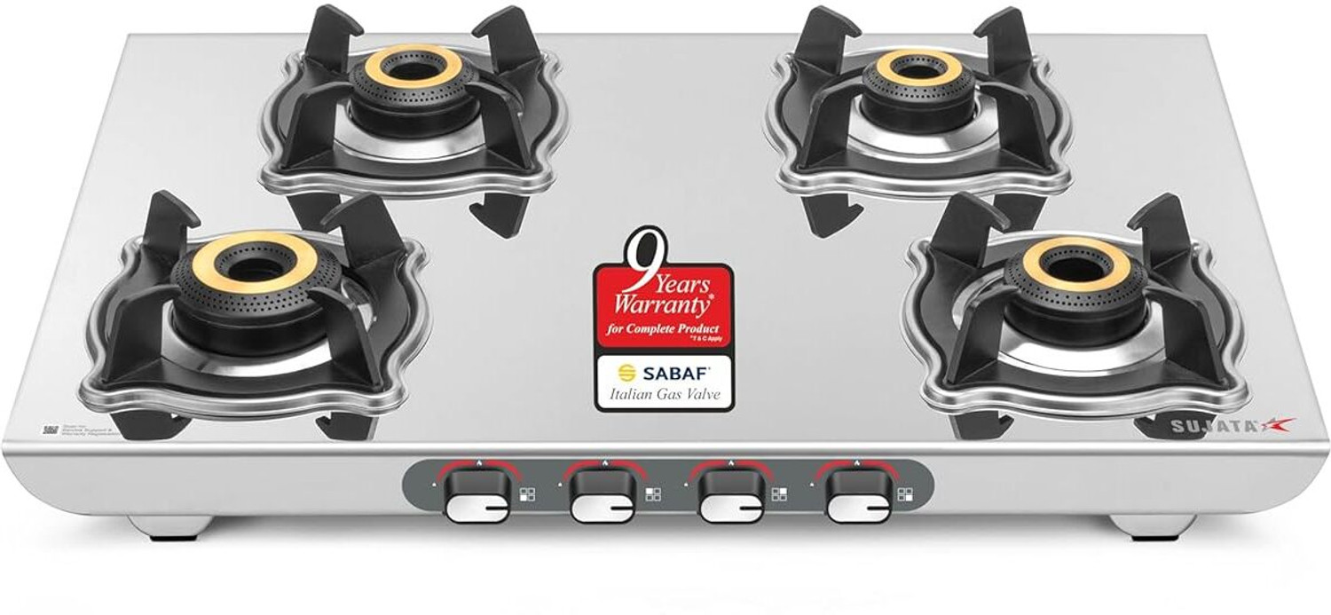 Image of SUJATA Majestic Manual Gas Stove 4 Burner | Gas Chulha for Kitchen | ISI Certified | Stainless Steel Manual Gas Stove