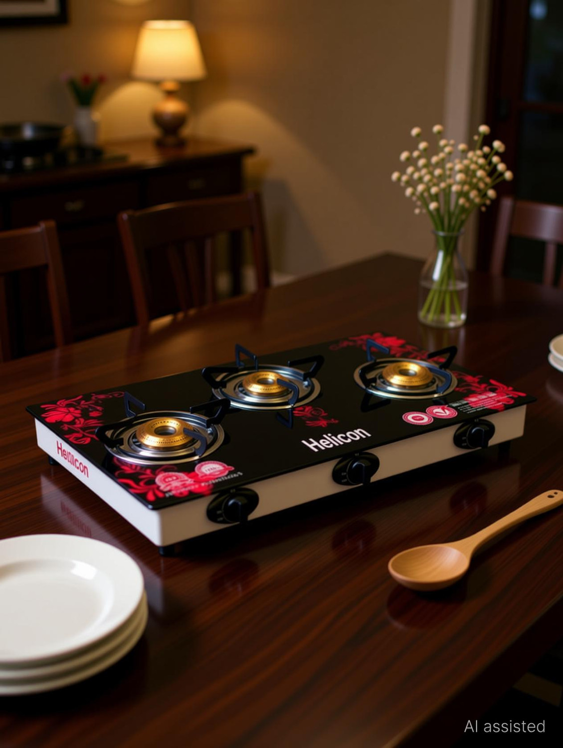 Image of helicon Red & Black Glass, Stainless Steel Automatic Gas Stove