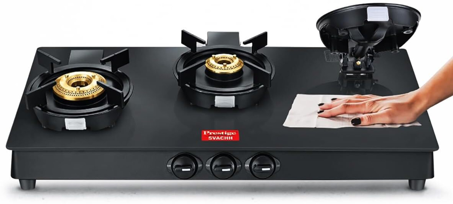 Image of Prestige Svachh Neo Series 3 Burner Glasstop | Liftable Burner Glass Manual Gas Stove