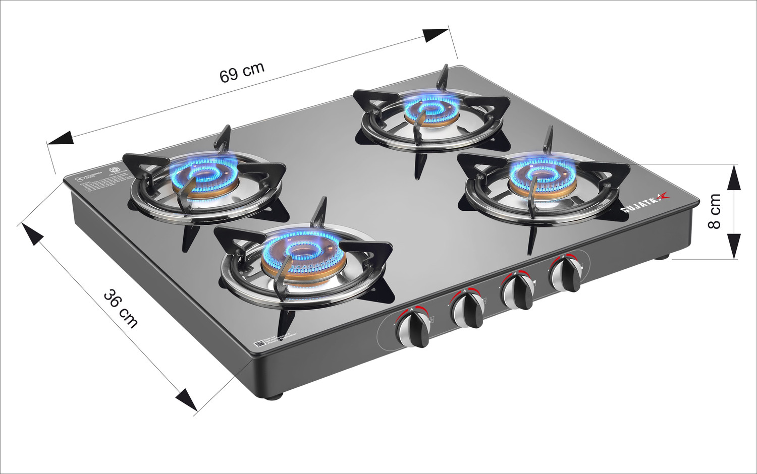 Image of SUJATA Gas Stove 4 Burner |Gas Chulha for Kitchen | ISI Certified |LPG & PNG Compatible Glass Manual Gas Stove