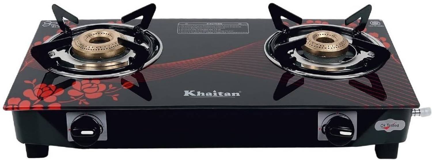 Khaitan 2 Burner BP-NANO MS Red Digital Toughened Glass Manual Gas Stove