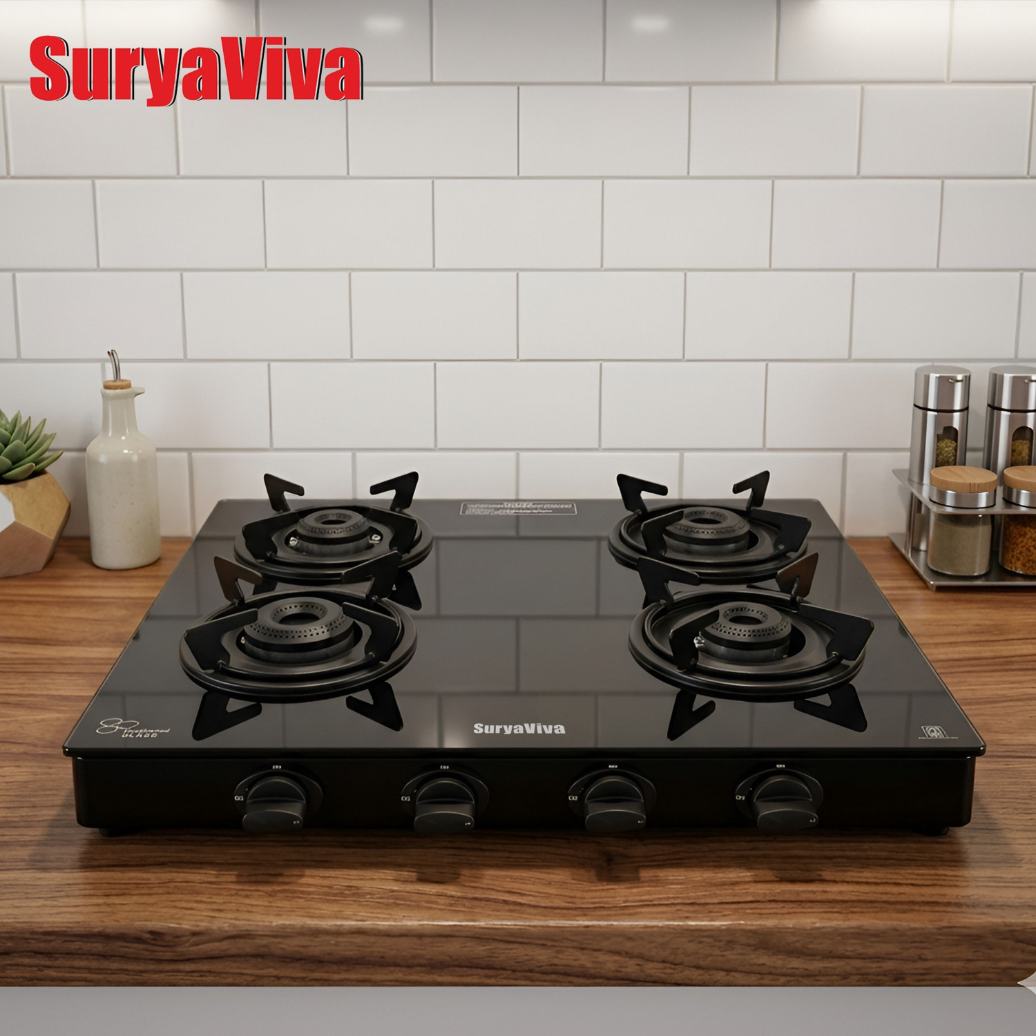 Image of SURYAVIVA 4B Photon X Black Toughened Glass Manual Gas Stove