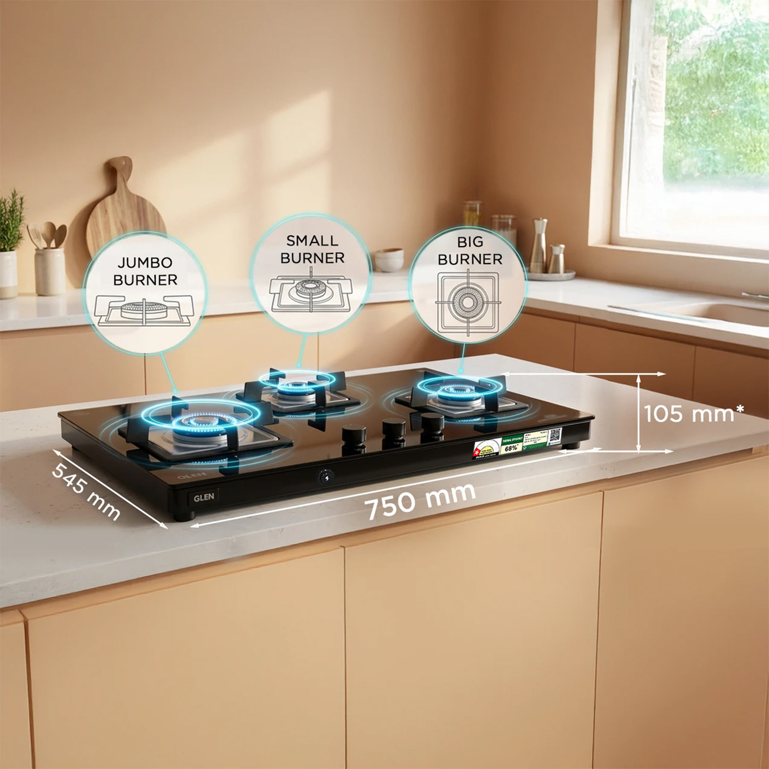 Image of Glen 3 Burner Ultra Slim LPG Gas Stove with High Efficiency Forged Brass Burners Glass Automatic Gas Stove