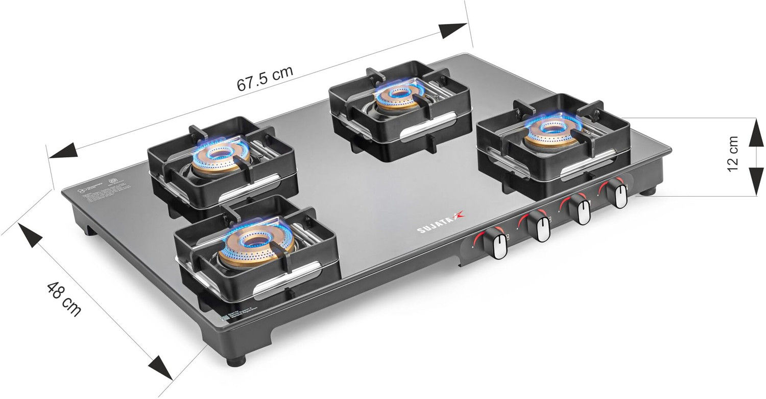 Image of SUJATA Gas Stove 4 Burner | Gas Chulha for Kitchen | ISI Certified | ( 4B Regal M ) Glass, Iron Manual Gas Stove