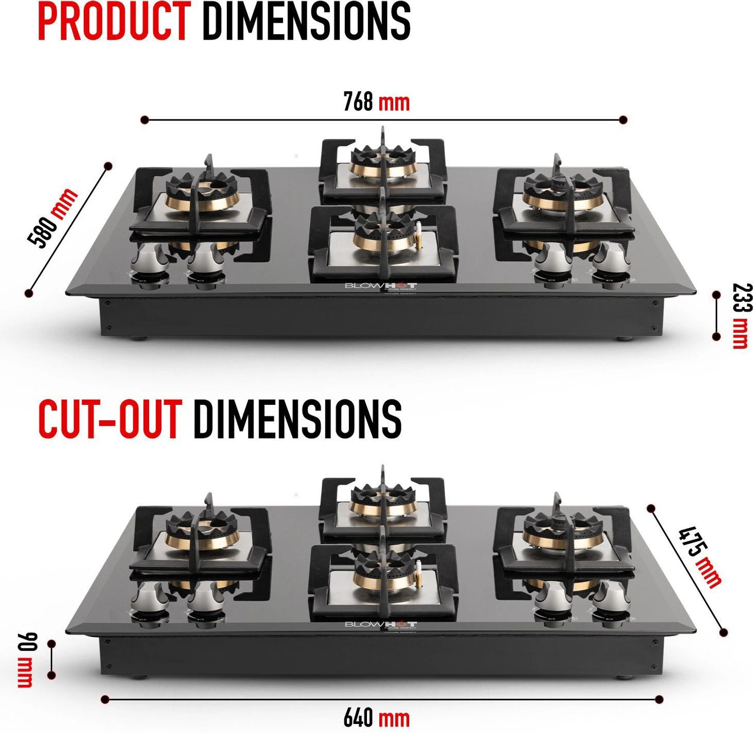 Image of BLOWHOT Prism Auto Ignition Brass Burner, Battery Operated Built - In, Gas Hob Toughened Glass, Aluminium Automatic Hob (4 Burners)
