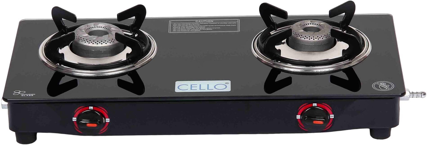 Image of CELLO Gem 2 Burner Black Gas Cooktop,Toughened Glass, ISI Certified, 1 Year Warranty Glass Manual Gas Stove