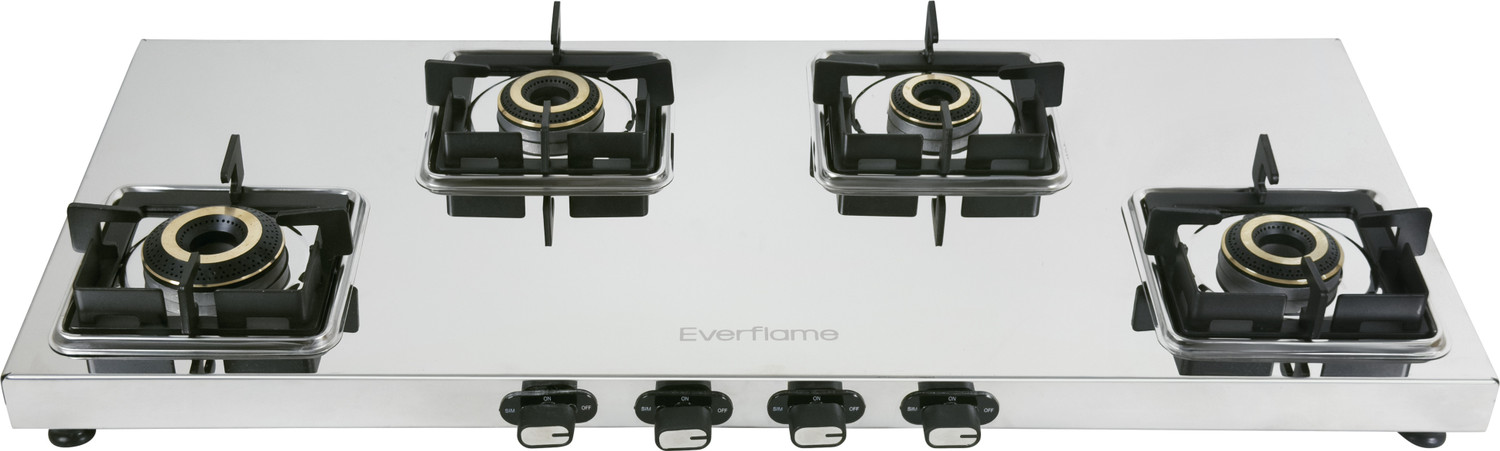 Image of Everflame Prime 4 Burner Long Gas Stove ISI Certified Cooktop Forged Brass Burner Stainless Steel Manual Gas Stove