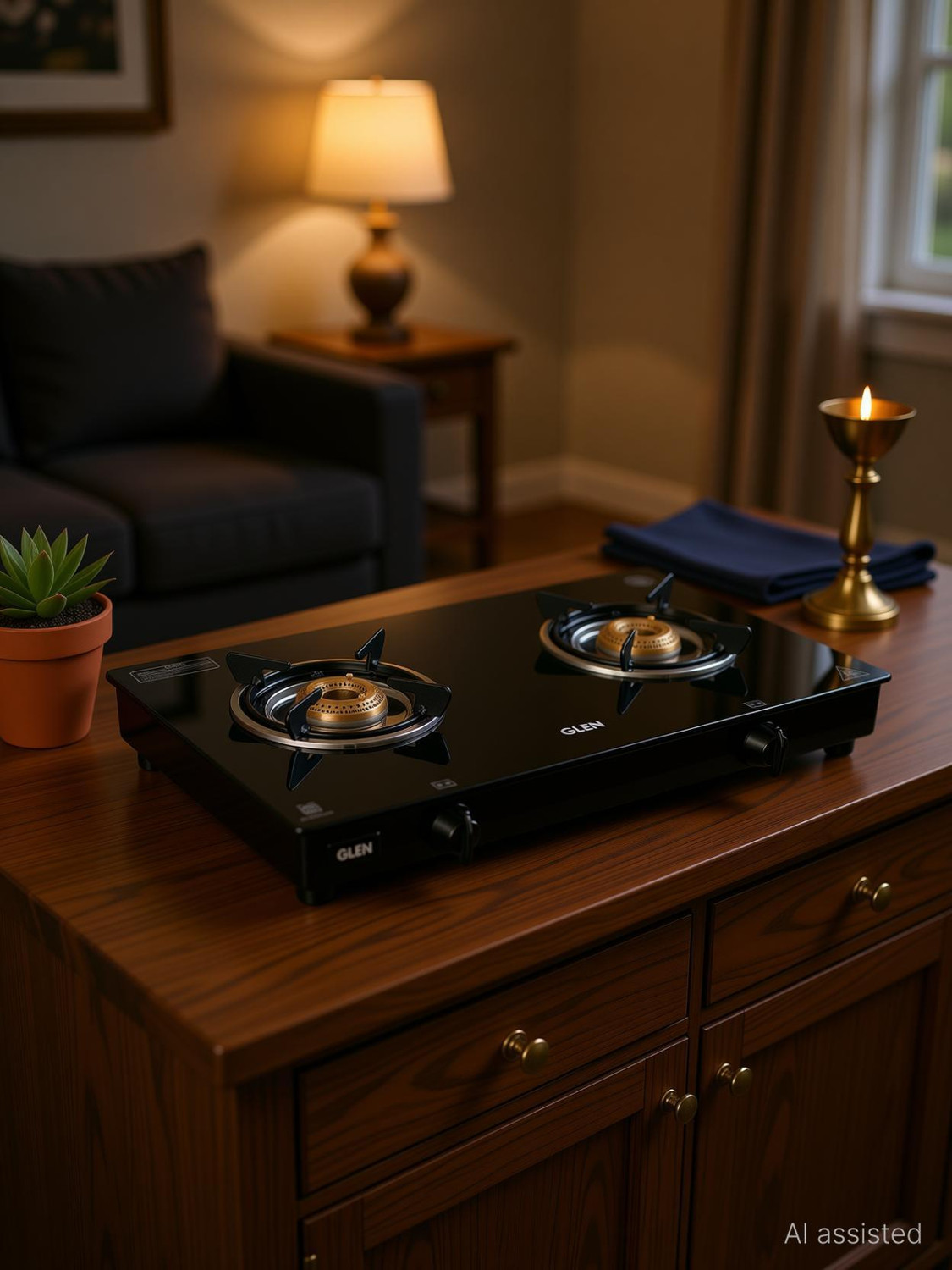 Image of Glen 2 Burner Toughened Glass Top | Fuel Efficient Brass Burners | ISI Certified Glass Manual Gas Stove