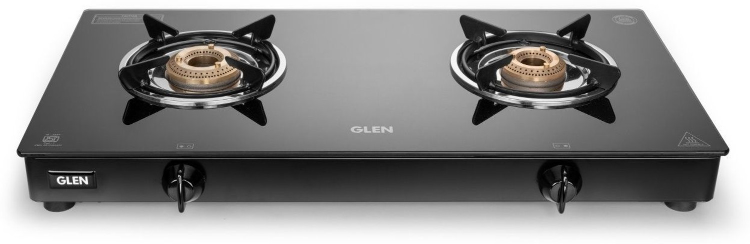 Image of Glen 2 Burner Toughened Glass Top | Fuel Efficient Brass Burners | ISI Certified Glass Manual Gas Stove