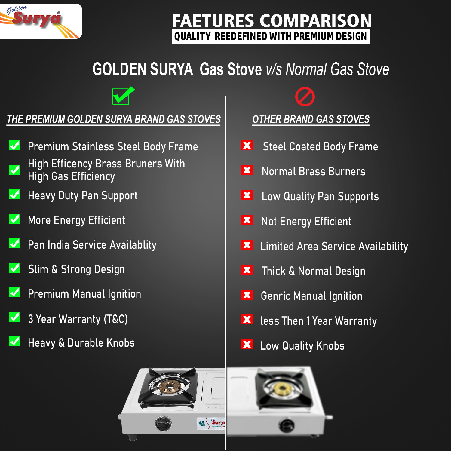 Image of Golden Surya Premium Stainless Steel 4 Brass Burner Gas Stove, With Lighter Free Stainless Steel Manual Gas Stove (4 Burners)