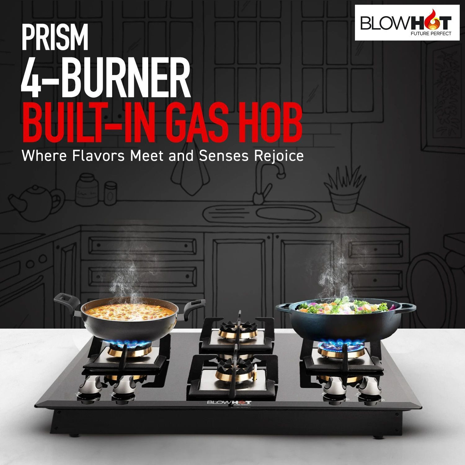 Image of BLOWHOT Prism Auto Ignition Brass Burner, Battery Operated Built - In, Gas Hob Toughened Glass, Aluminium Automatic Hob (4 Burners)