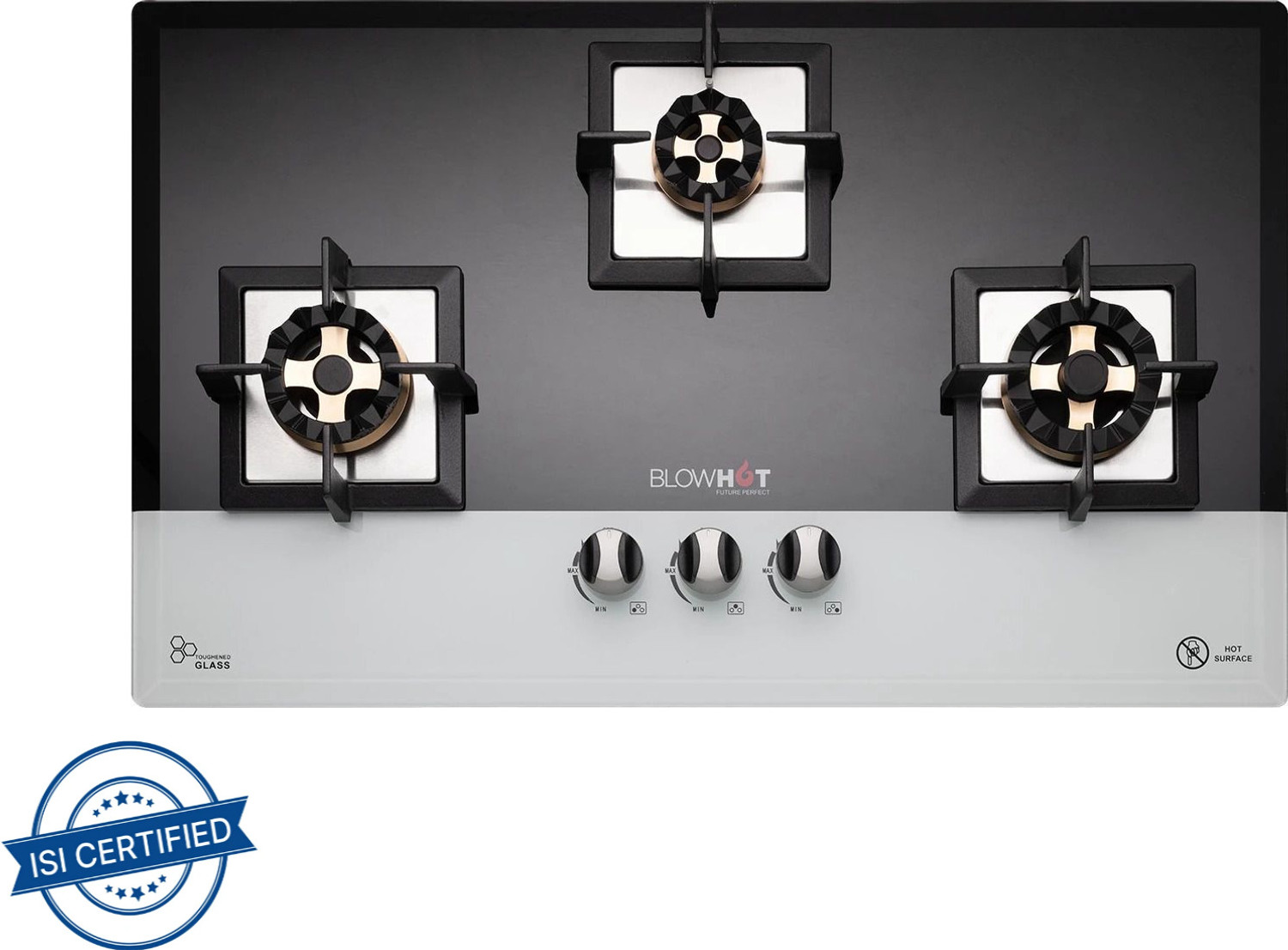 Image of BLOWHOT Prism Auto Ignition 3 Burner, Battery Operated Built - In, Gas Hob Toughened Glass, Aluminium Automatic Hob (3 Burners)
