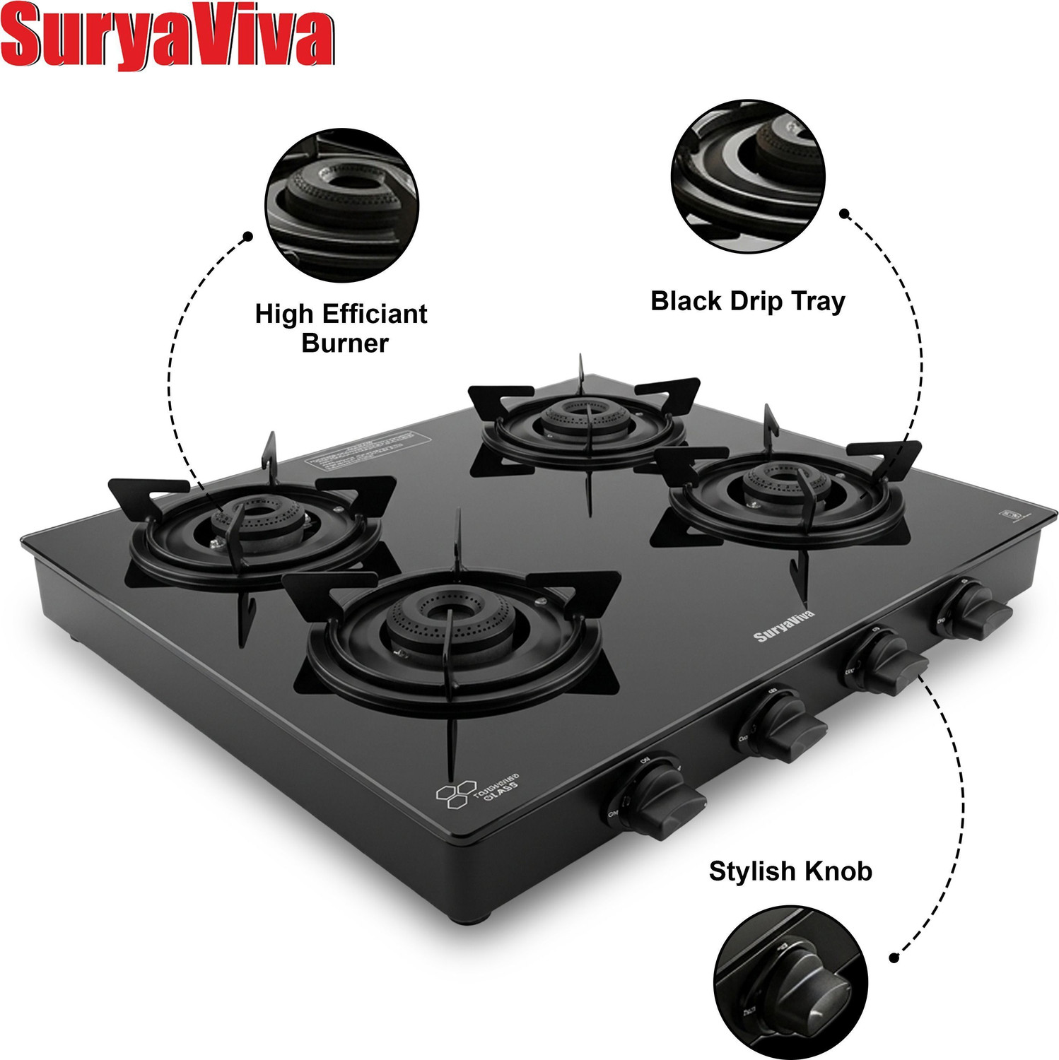 Image of SURYAVIVA 4B Photon X Black Toughened Glass Manual Gas Stove